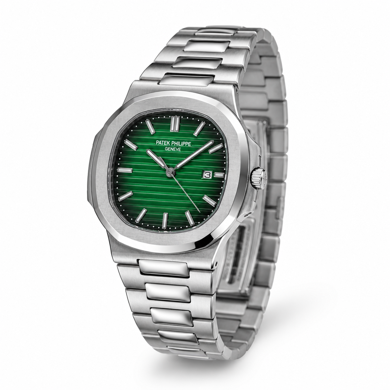 Men’s Luxury Style Green Dial Watch – Silver Metal Strap Analog Wrist Watch with Date Display for Casual & Formal Wear