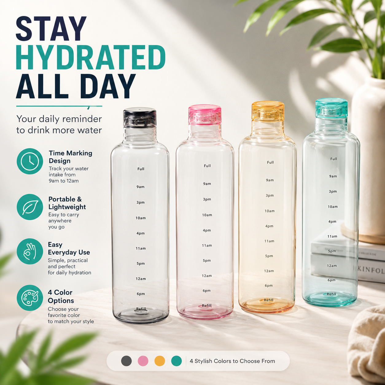 Motivational Water Bottle with Time Marker – Leakproof Transparent Sports Water Bottle for Gym, School, Office & Travel – Random Color - Image 5