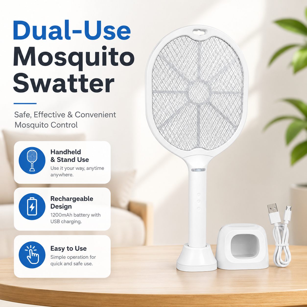 Rechargeable Electric Mosquito Swatter Racket – Dual Use Mosquito Zapper Bat with Trap Stand, 1200mAh Battery & USB Charging Cable - Image 7
