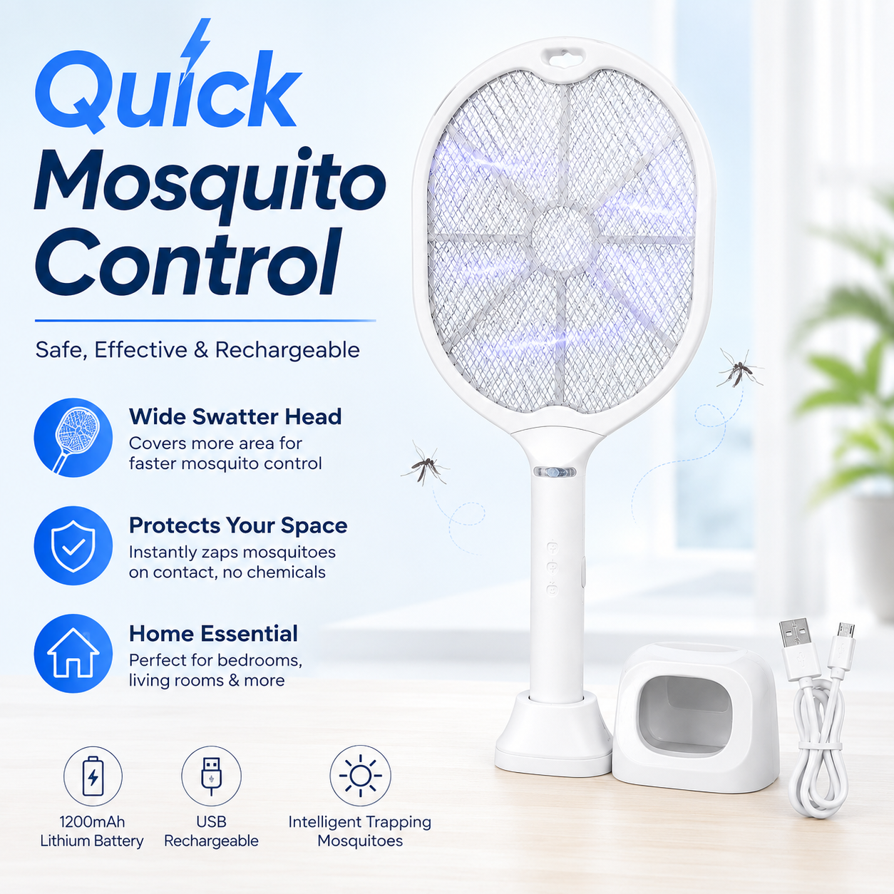 Rechargeable Electric Mosquito Swatter Racket – Dual Use Mosquito Zapper Bat with Trap Stand, 1200mAh Battery & USB Charging Cable - Image 5