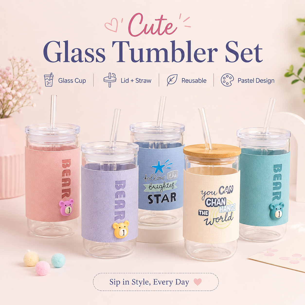 Cute Glass Tumbler Cup with Straw & Lid – Bear Design Drinking Jar with Protective Sleeve, Reusable Water Cup for Juice, Milk, Coffee & Cold Drinks - Image 8