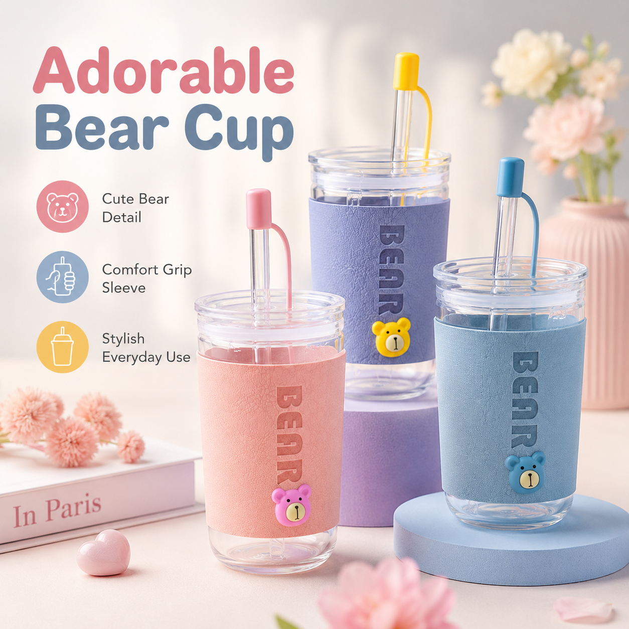 Cute Glass Tumbler Cup with Straw & Lid – Bear Design Drinking Jar with Protective Sleeve, Reusable Water Cup for Juice, Milk, Coffee & Cold Drinks - Image 9