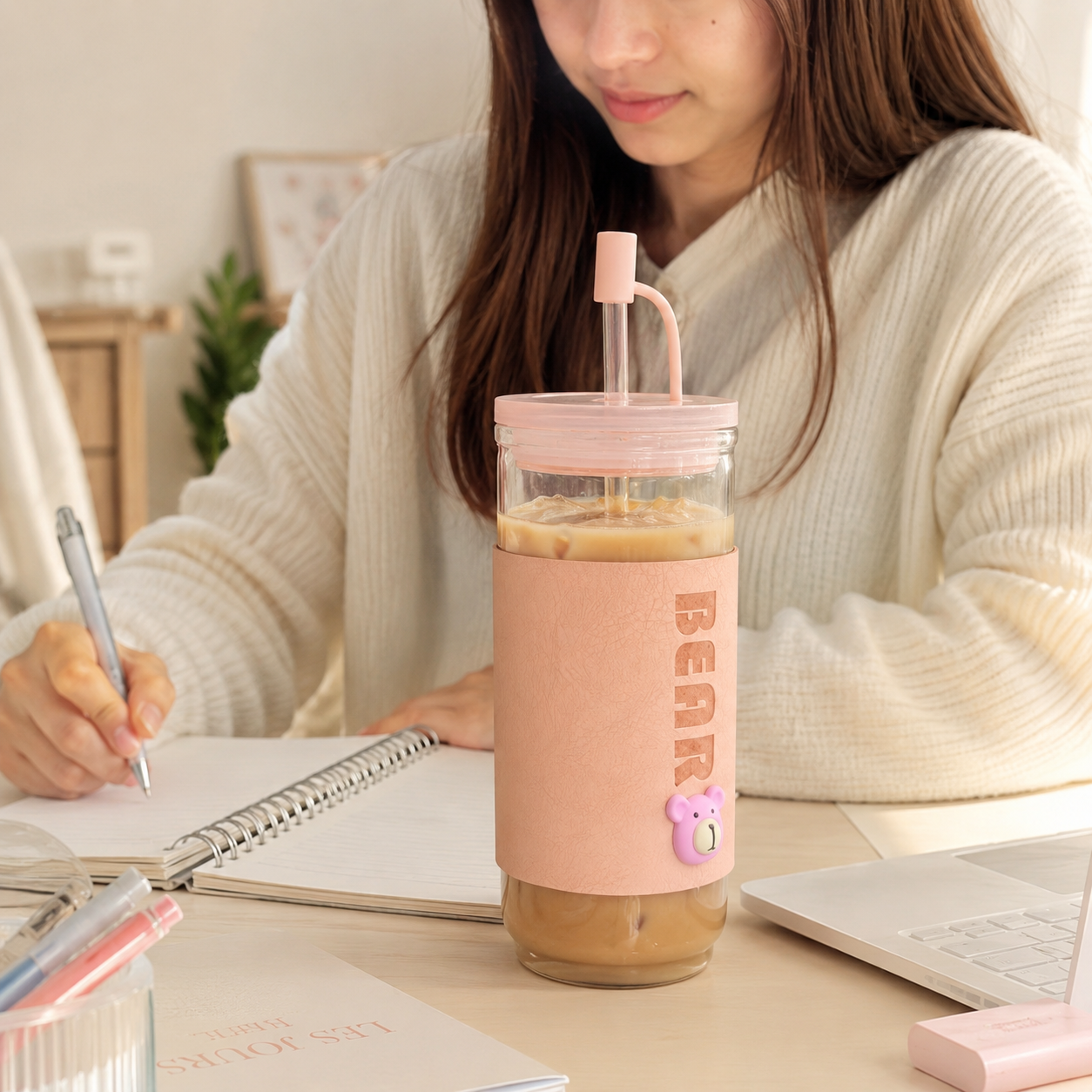 Cute Glass Tumbler Cup with Straw & Lid – Bear Design Drinking Jar with Protective Sleeve, Reusable Water Cup for Juice, Milk, Coffee & Cold Drinks - Image 6