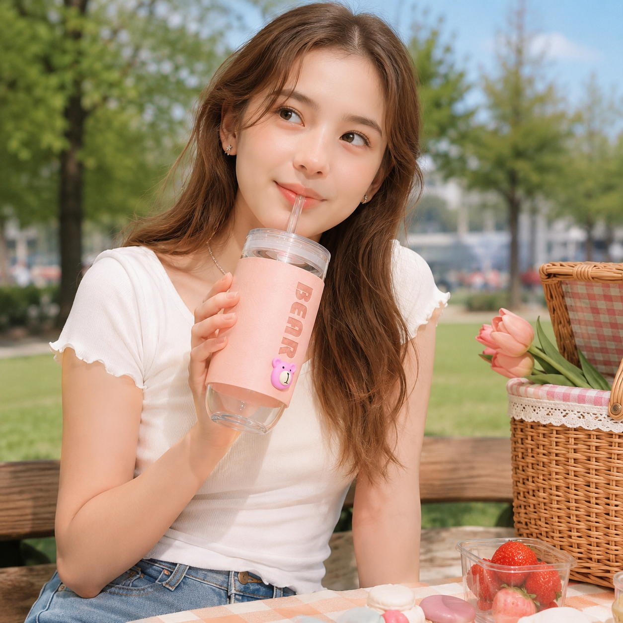 Cute Glass Tumbler Cup with Straw & Lid – Bear Design Drinking Jar with Protective Sleeve, Reusable Water Cup for Juice, Milk, Coffee & Cold Drinks - Image 5