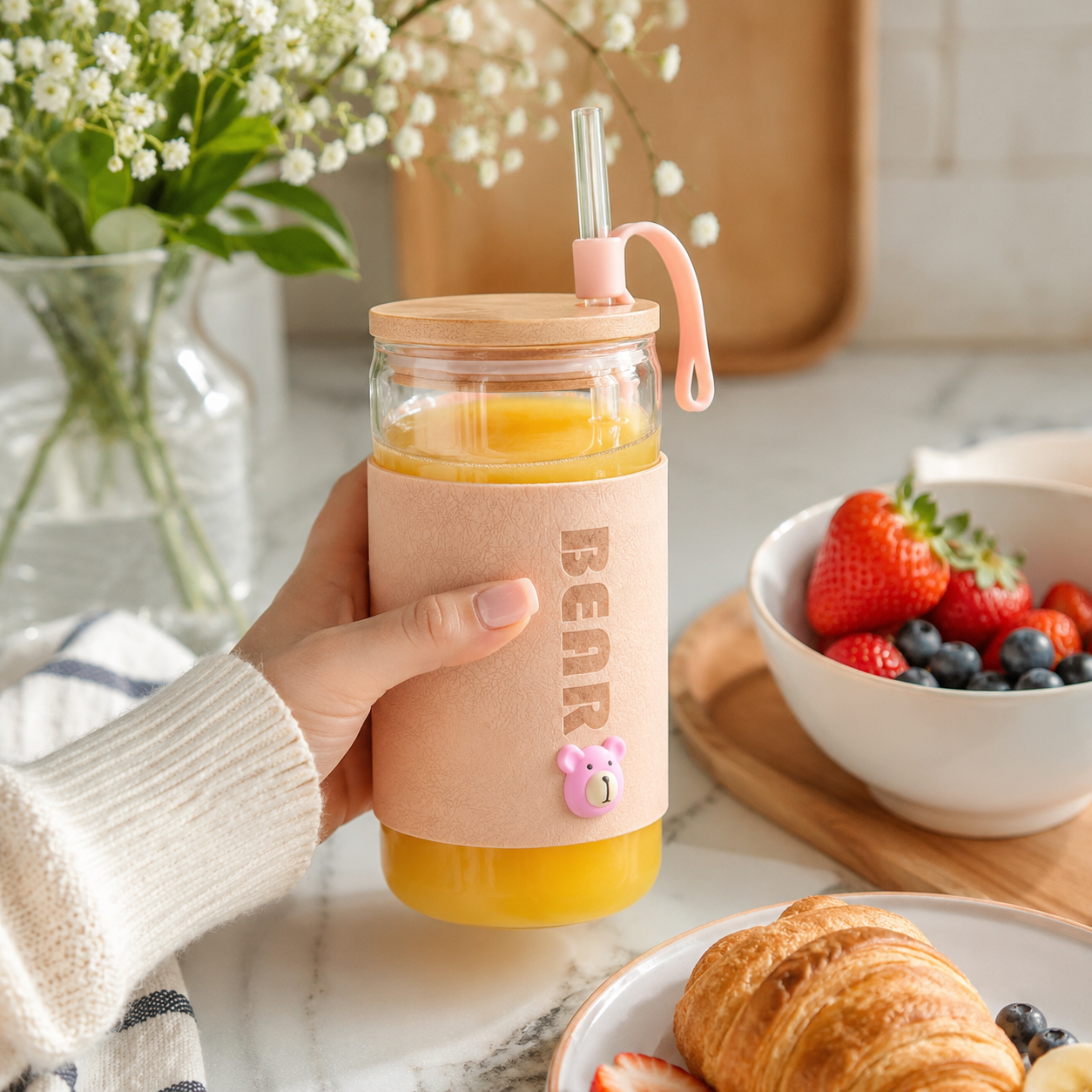 Cute Glass Tumbler Cup with Straw & Lid – Bear Design Drinking Jar with Protective Sleeve, Reusable Water Cup for Juice, Milk, Coffee & Cold Drinks - Image 4