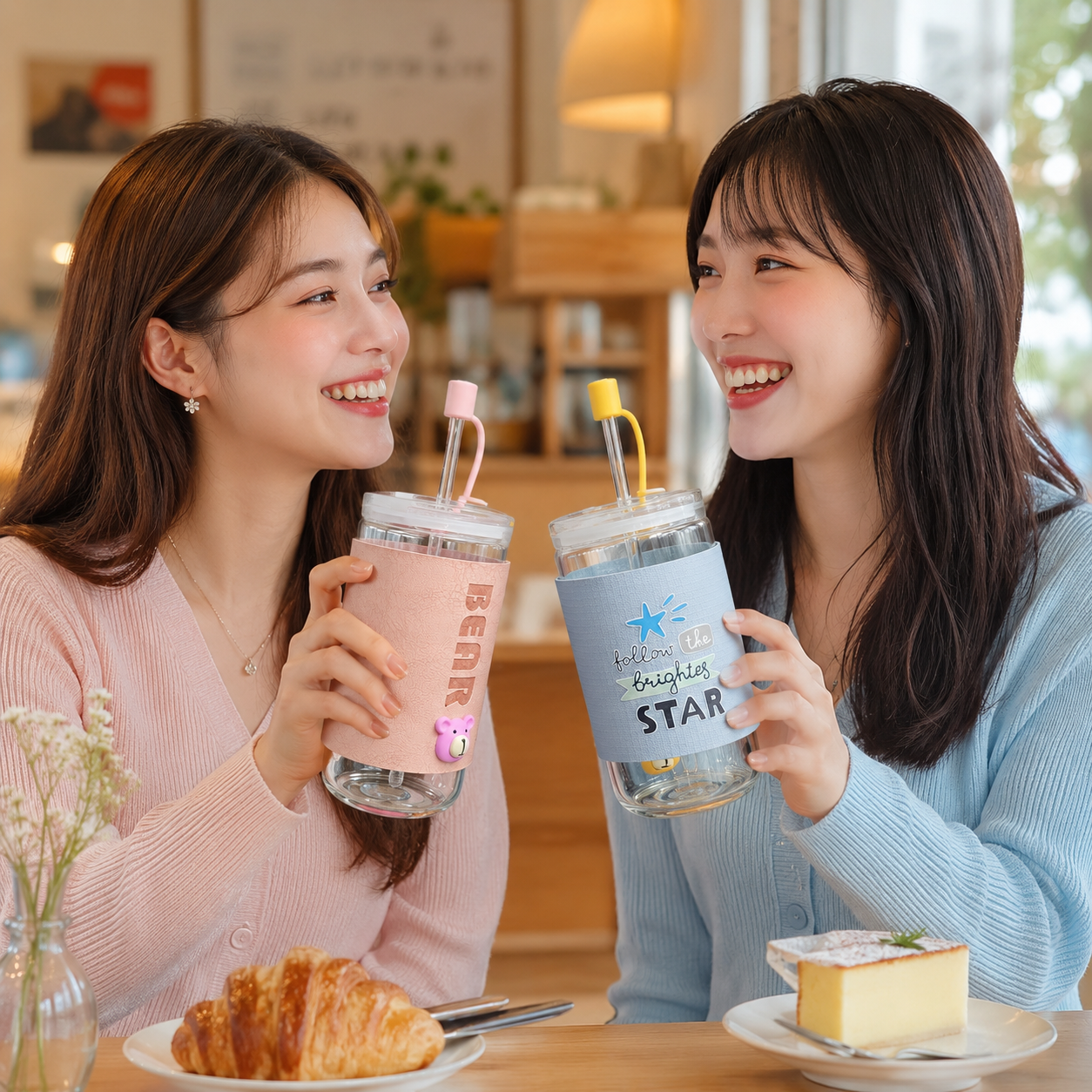 Cute Glass Tumbler Cup with Straw & Lid – Bear Design Drinking Jar with Protective Sleeve, Reusable Water Cup for Juice, Milk, Coffee & Cold Drinks - Image 2