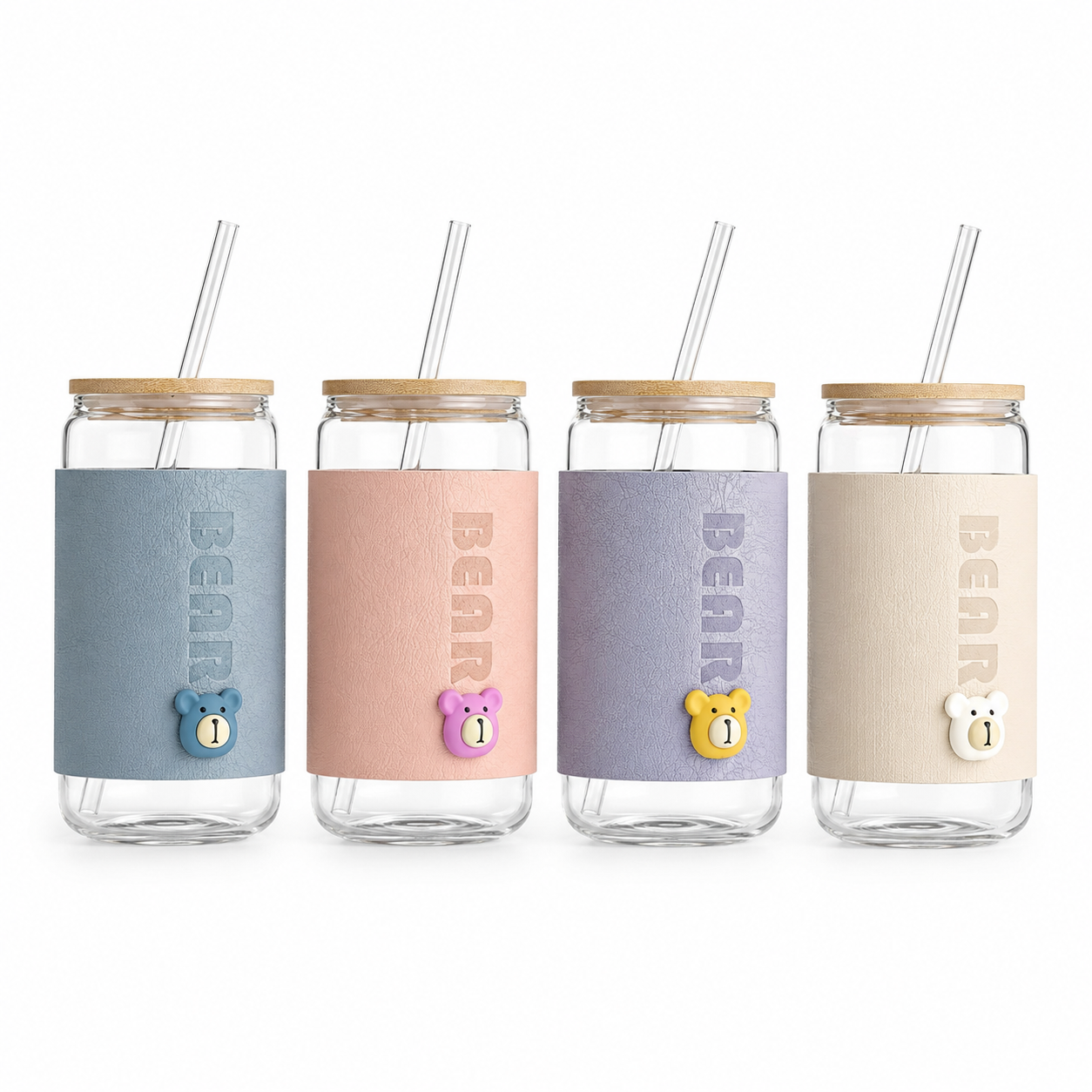 Cute Glass Tumbler Cup with Straw & Lid – Bear Design Drinking Jar with Protective Sleeve, Reusable Water Cup for Juice, Milk, Coffee & Cold Drinks
