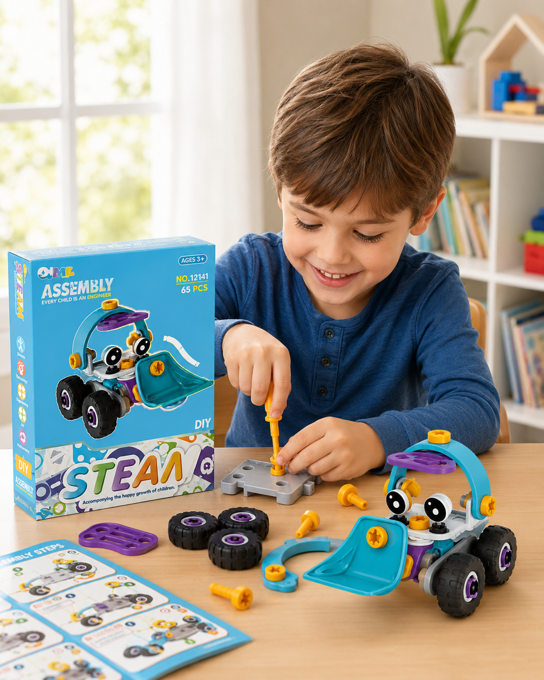 DIY STEAM Assembly Car Toy for Kids – 55Pcs Educational Building Block Vehicle Set – Creative Construction Puzzle Car Gift for Boys & Girls - Image 4