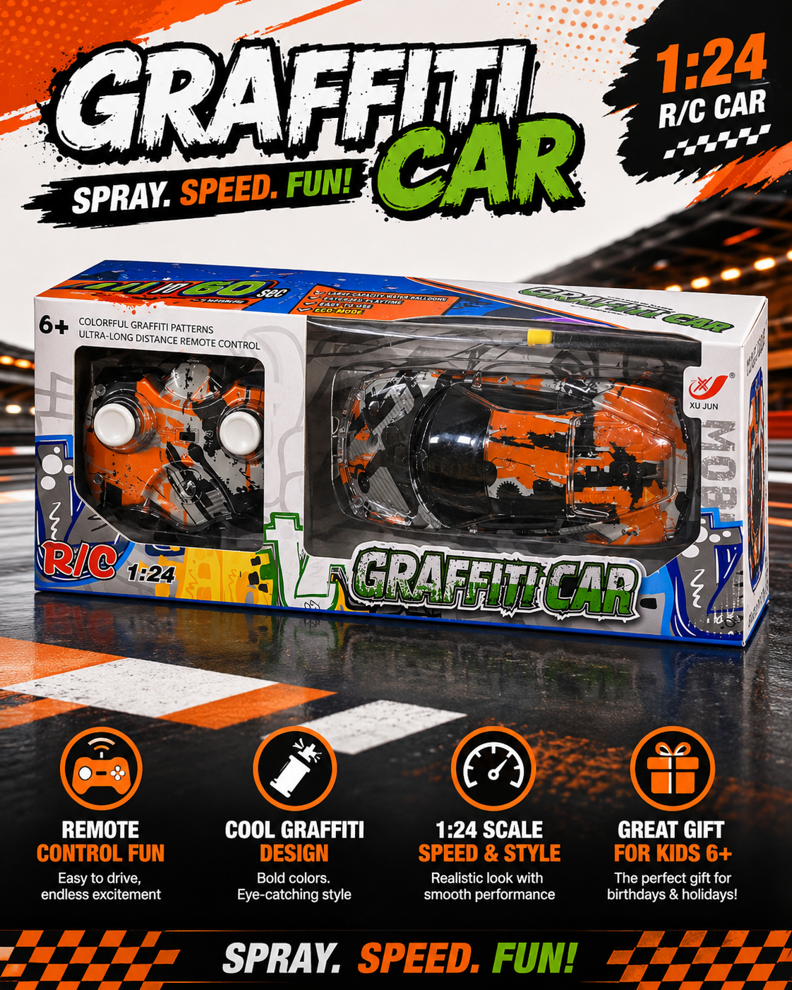 1:24 Remote Control Graffiti Car Toy – Colorful RC Racing Car with Controller – Kids Battery Operated Toy Car for Boys & Girls – Age 6+ - Image 8
