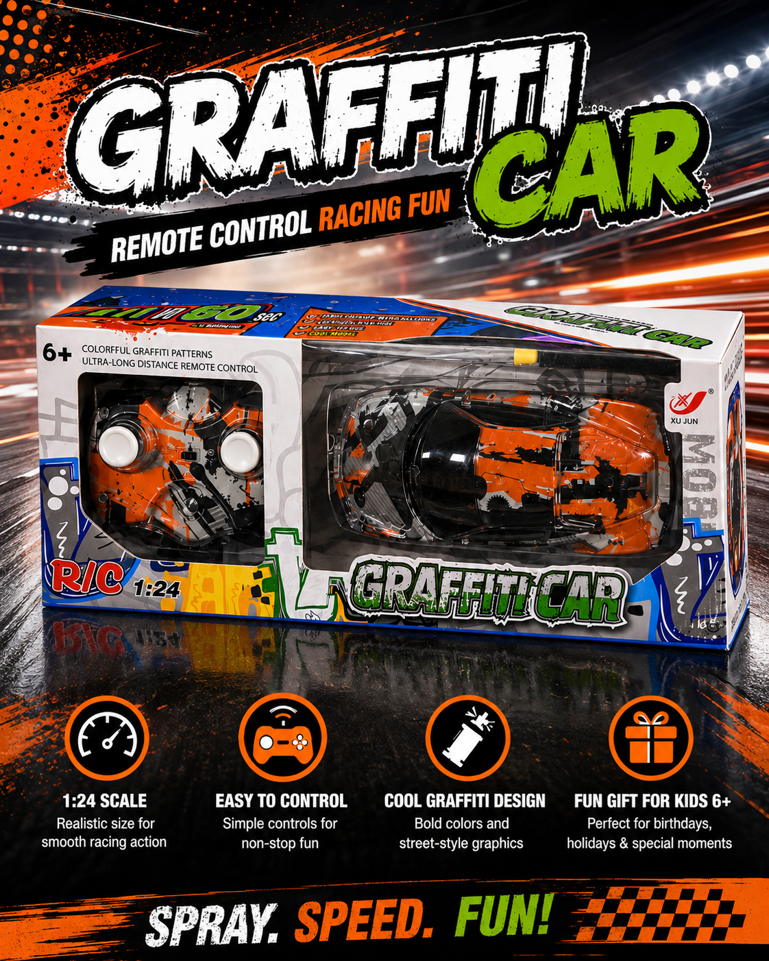 1:24 Remote Control Graffiti Car Toy – Colorful RC Racing Car with Controller – Kids Battery Operated Toy Car for Boys & Girls – Age 6+ - Image 7