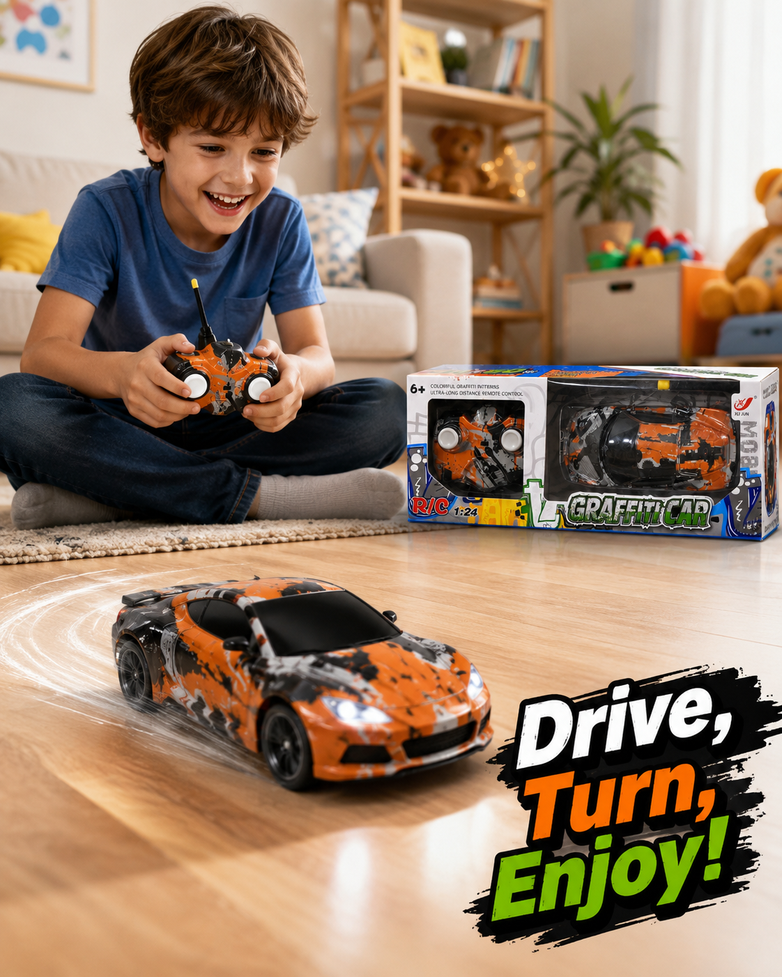 1:24 Remote Control Graffiti Car Toy – Colorful RC Racing Car with Controller – Kids Battery Operated Toy Car for Boys & Girls – Age 6+ - Image 5