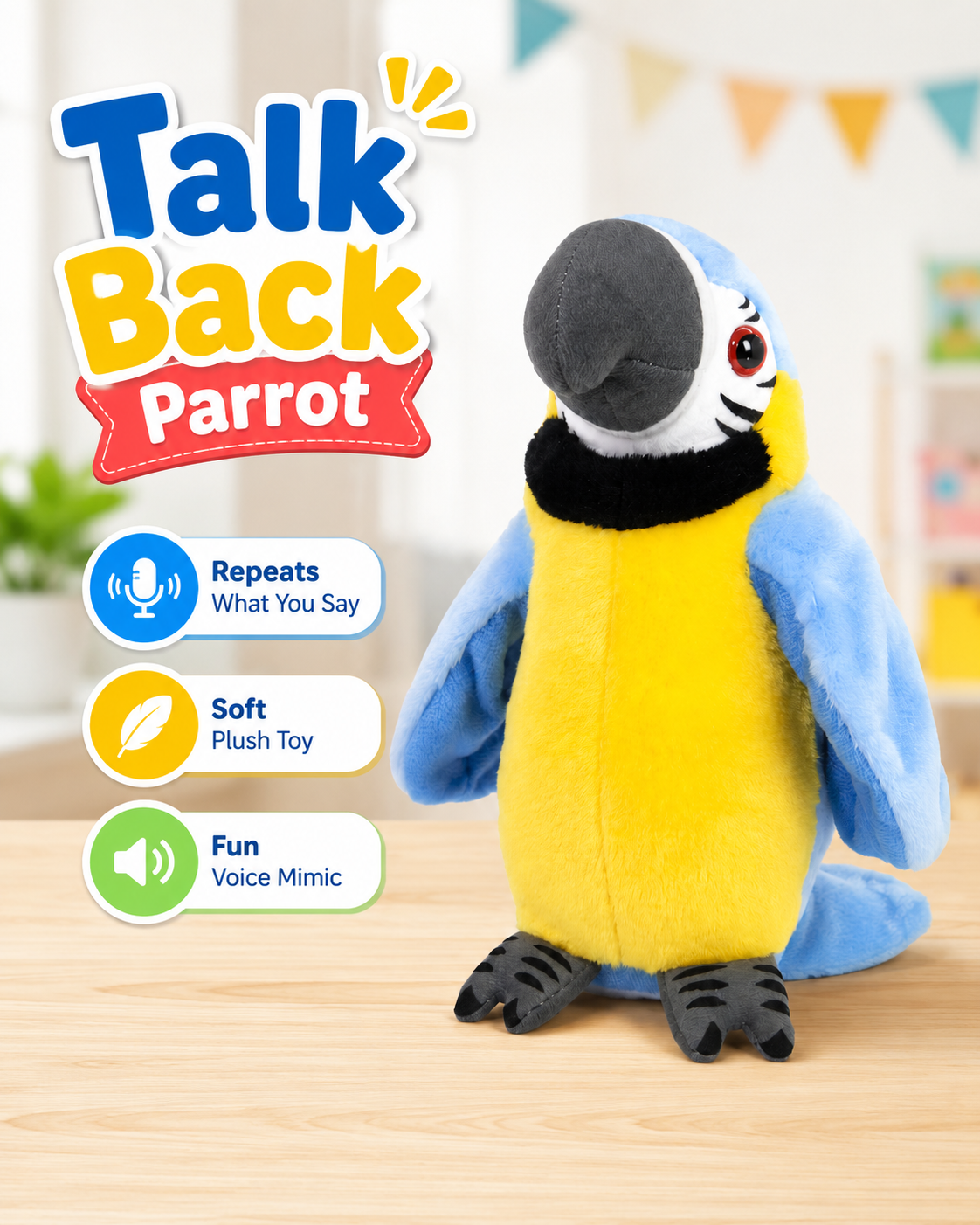 Talking Parrot Repeating Plush Toy – Repeat What You Say Interactive Bird Toy for Kids, Funny Voice Copy Toy, Soft Parrot Stuffed Toy Gift for Boys & Girls - Image 2