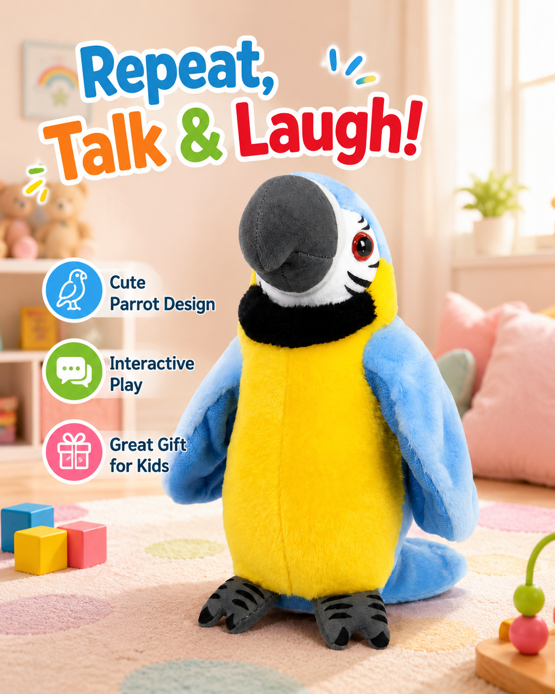 Talking Parrot Repeating Plush Toy – Repeat What You Say Interactive Bird Toy for Kids, Funny Voice Copy Toy, Soft Parrot Stuffed Toy Gift for Boys & Girls - Image 8