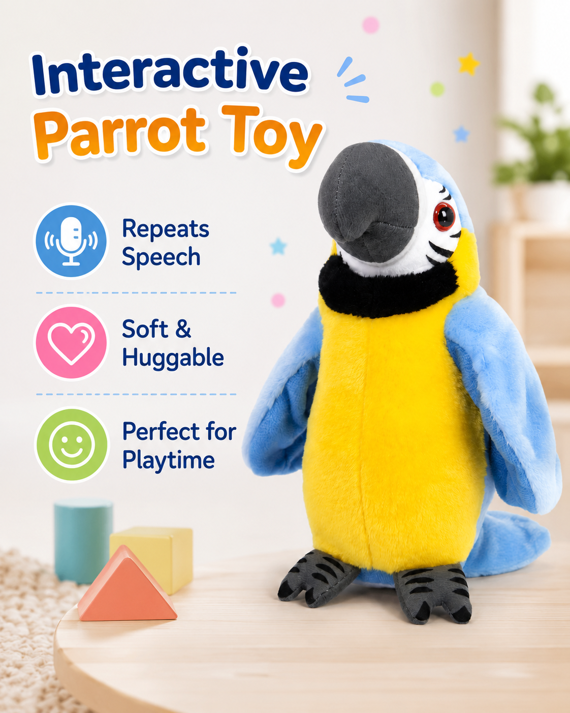 Talking Parrot Repeating Plush Toy – Repeat What You Say Interactive Bird Toy for Kids, Funny Voice Copy Toy, Soft Parrot Stuffed Toy Gift for Boys & Girls - Image 3