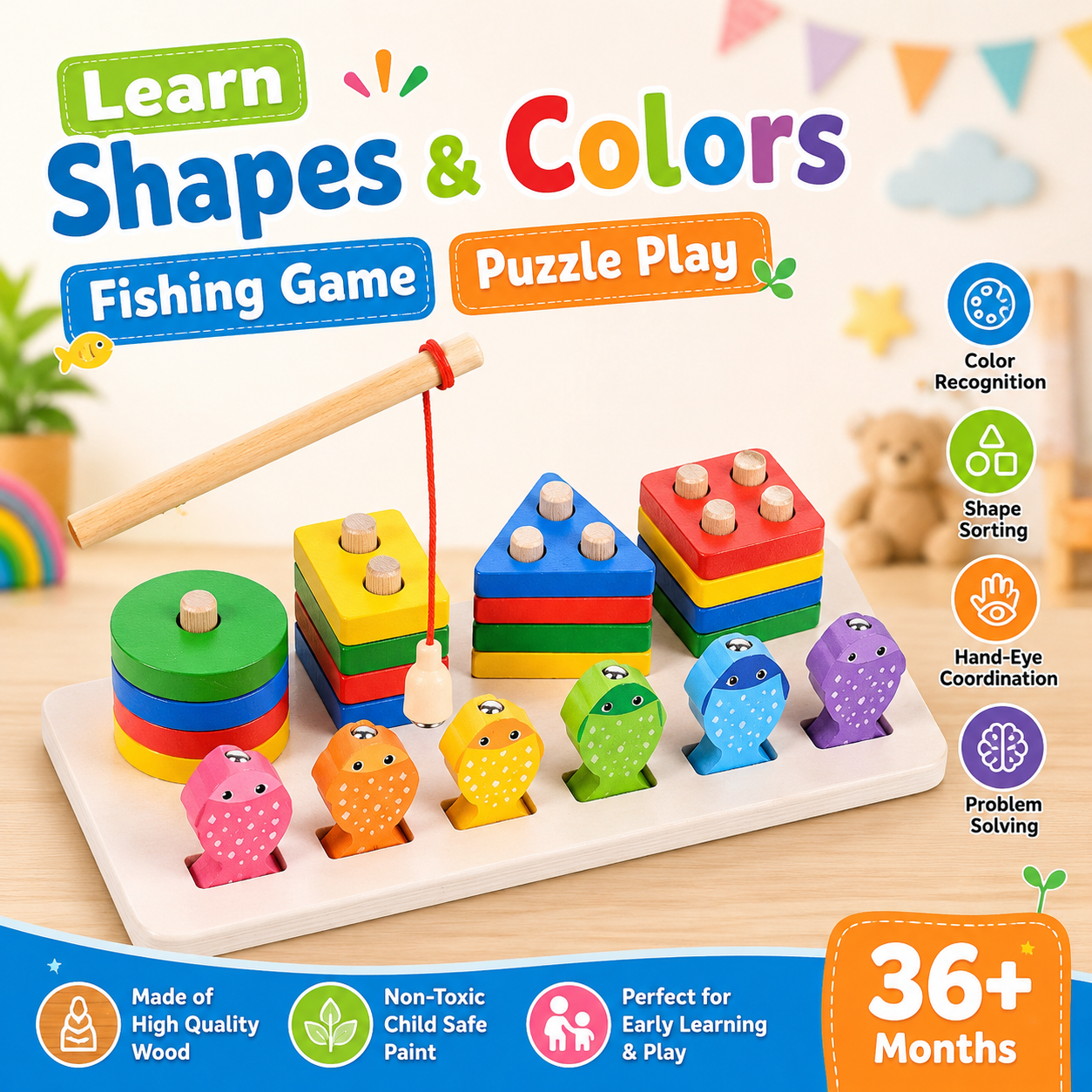 2 in 1 Wooden Fishing Column Toy – Montessori Preschool Puzzle Game with Fishing Rod, Shape Sorting, Stacking Blocks & Color Matching for Kids 3+ - Image 7