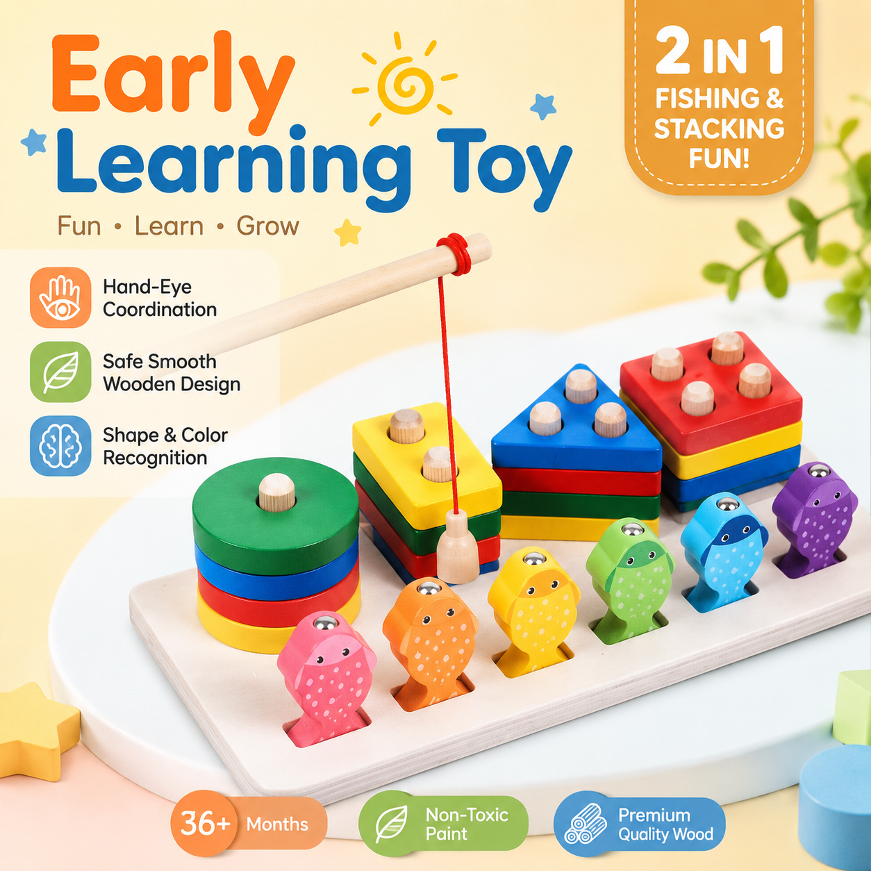 2 in 1 Wooden Fishing Column Toy – Montessori Preschool Puzzle Game with Fishing Rod, Shape Sorting, Stacking Blocks & Color Matching for Kids 3+ - Image 5