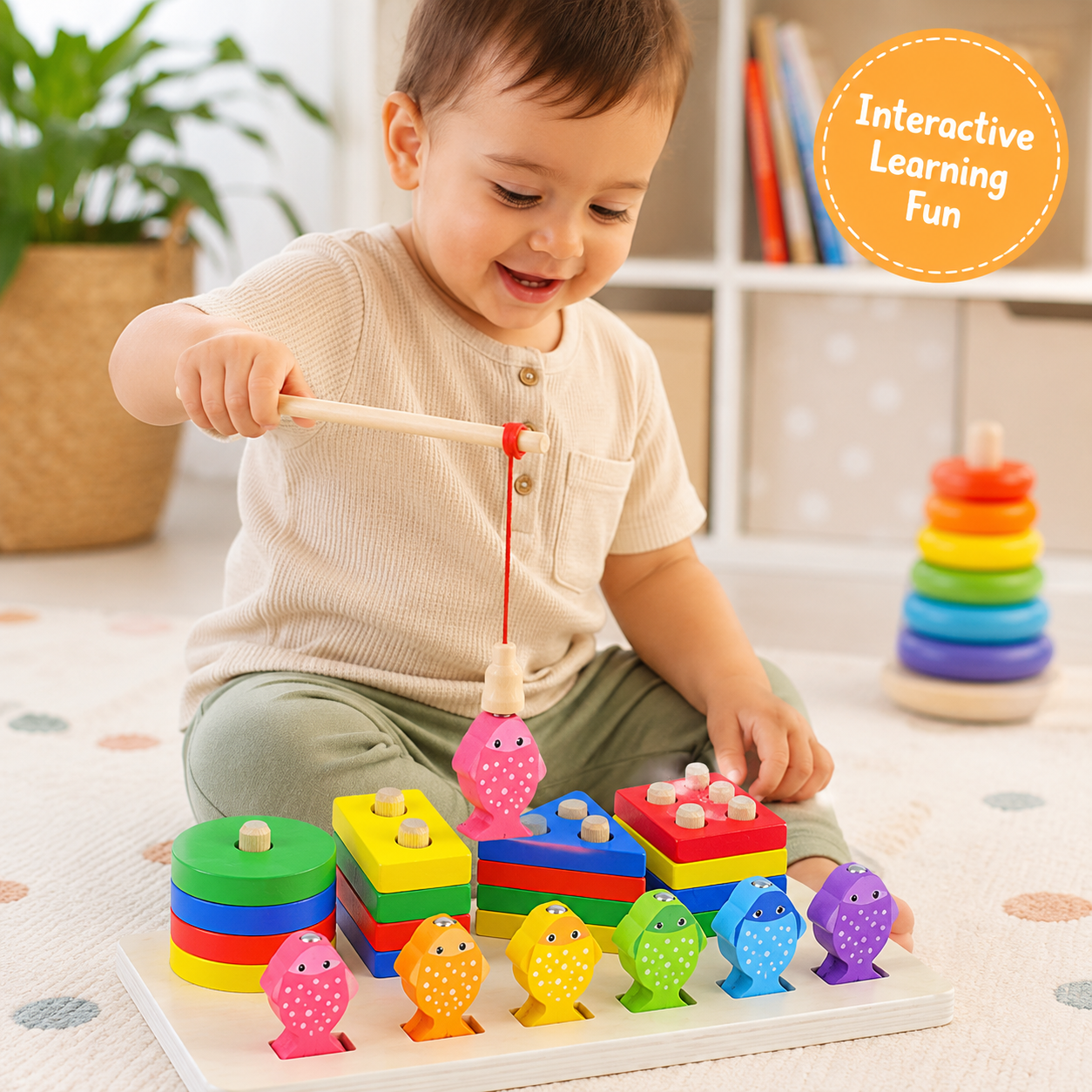 2 in 1 Wooden Fishing Column Toy – Montessori Preschool Puzzle Game with Fishing Rod, Shape Sorting, Stacking Blocks & Color Matching for Kids 3+ - Image 6
