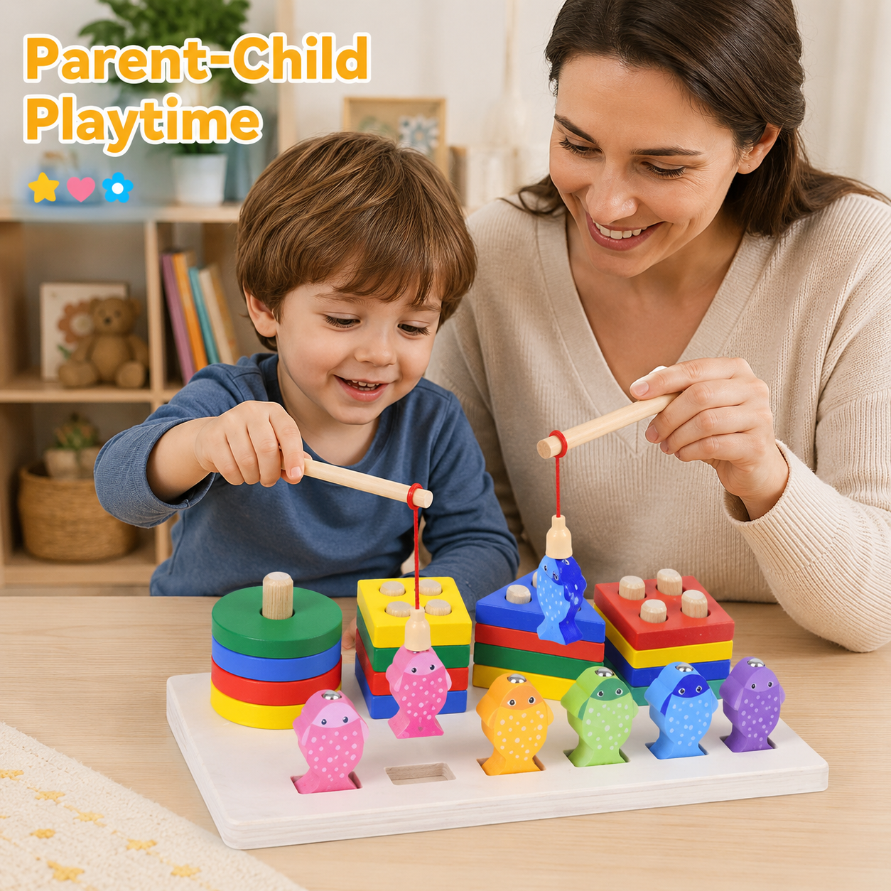 2 in 1 Wooden Fishing Column Toy – Montessori Preschool Puzzle Game with Fishing Rod, Shape Sorting, Stacking Blocks & Color Matching for Kids 3+ - Image 3