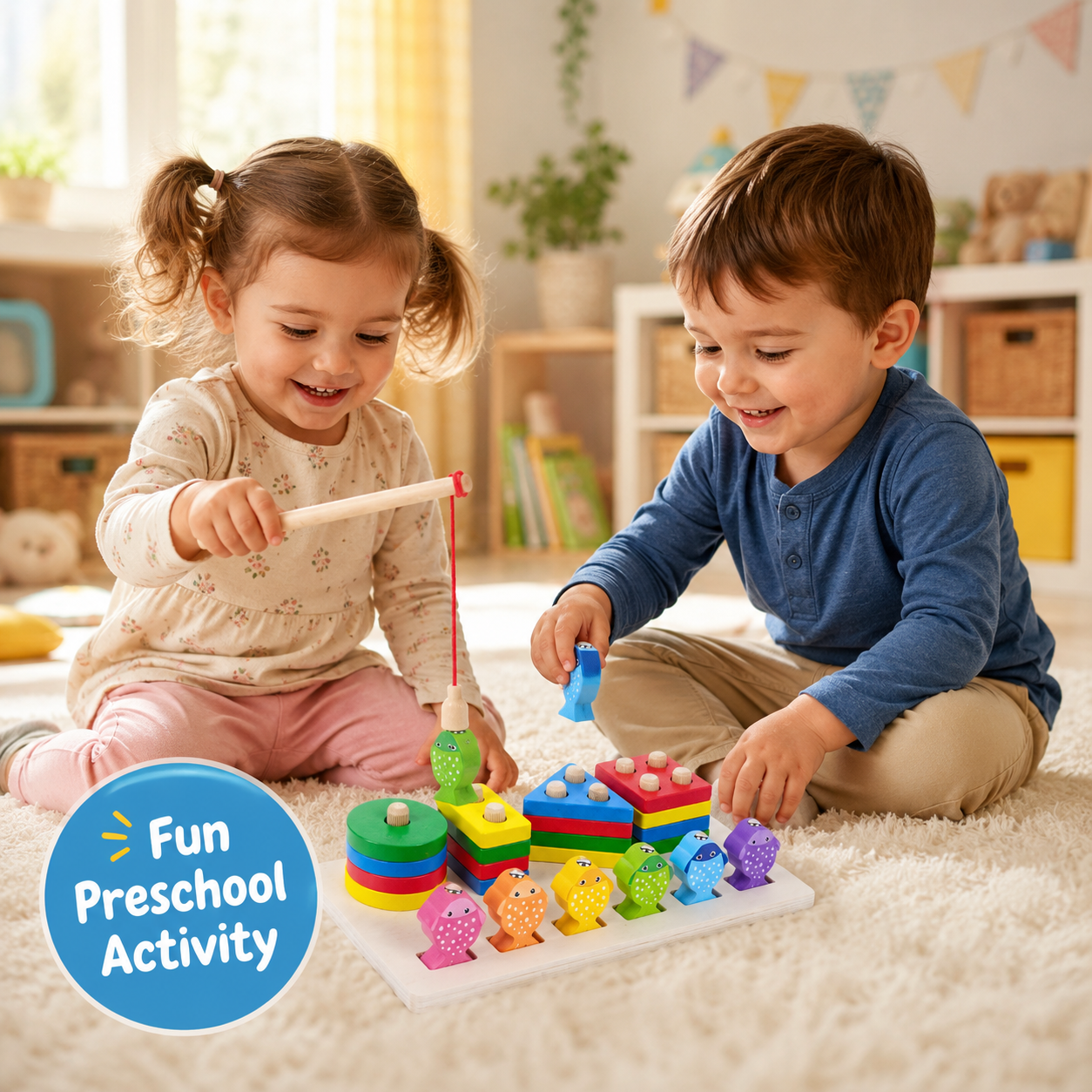 2 in 1 Wooden Fishing Column Toy – Montessori Preschool Puzzle Game with Fishing Rod, Shape Sorting, Stacking Blocks & Color Matching for Kids 3+ - Image 4