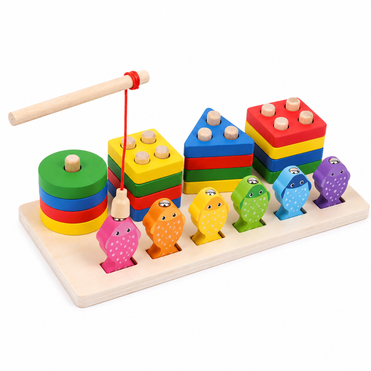 2 in 1 Wooden Fishing Column Toy – Montessori Preschool Puzzle Game with Fishing Rod, Shape Sorting, Stacking Blocks & Color Matching for Kids 3+