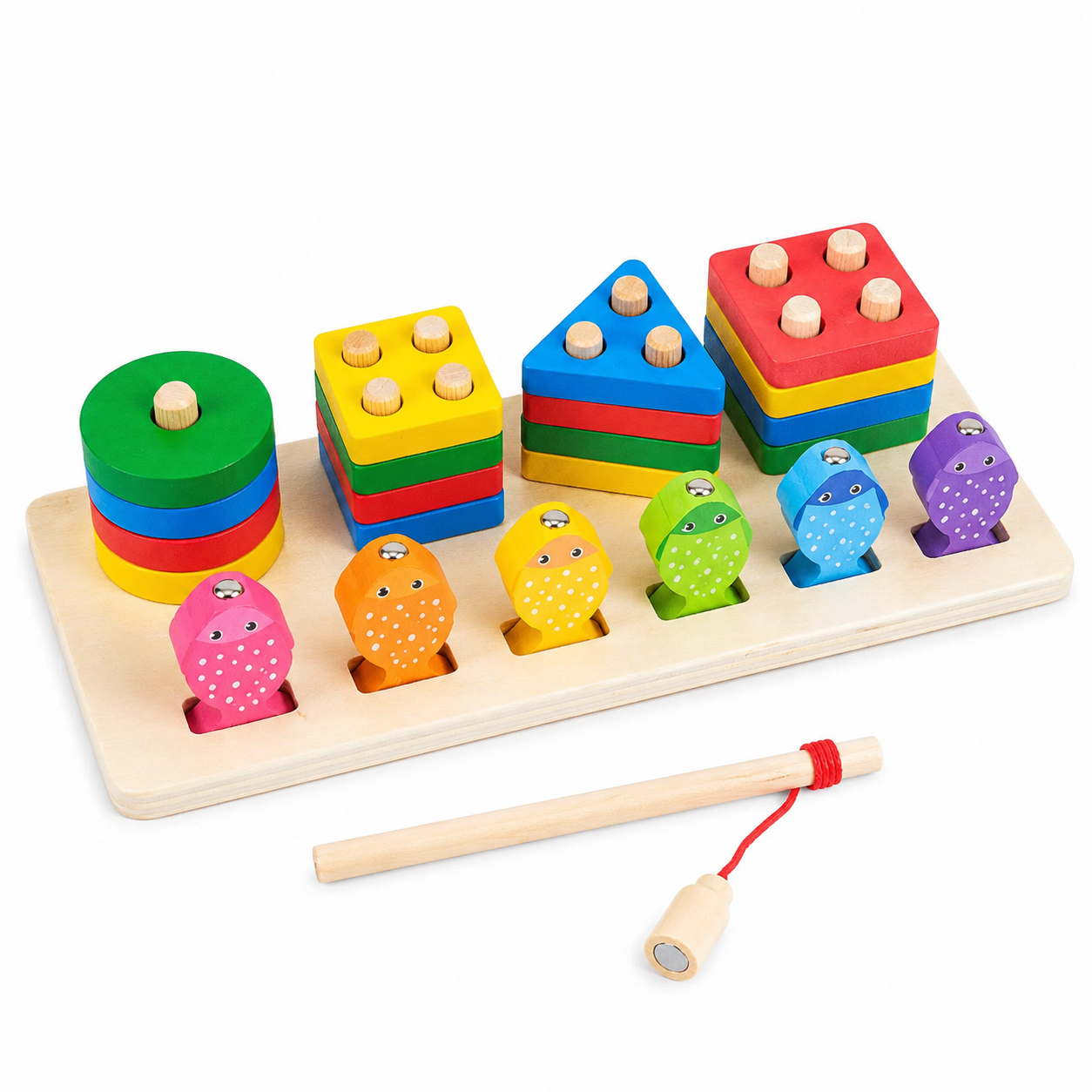 2 in 1 Wooden Fishing Column Toy – Montessori Preschool Puzzle Game with Fishing Rod, Shape Sorting, Stacking Blocks & Color Matching for Kids 3+ - Image 2