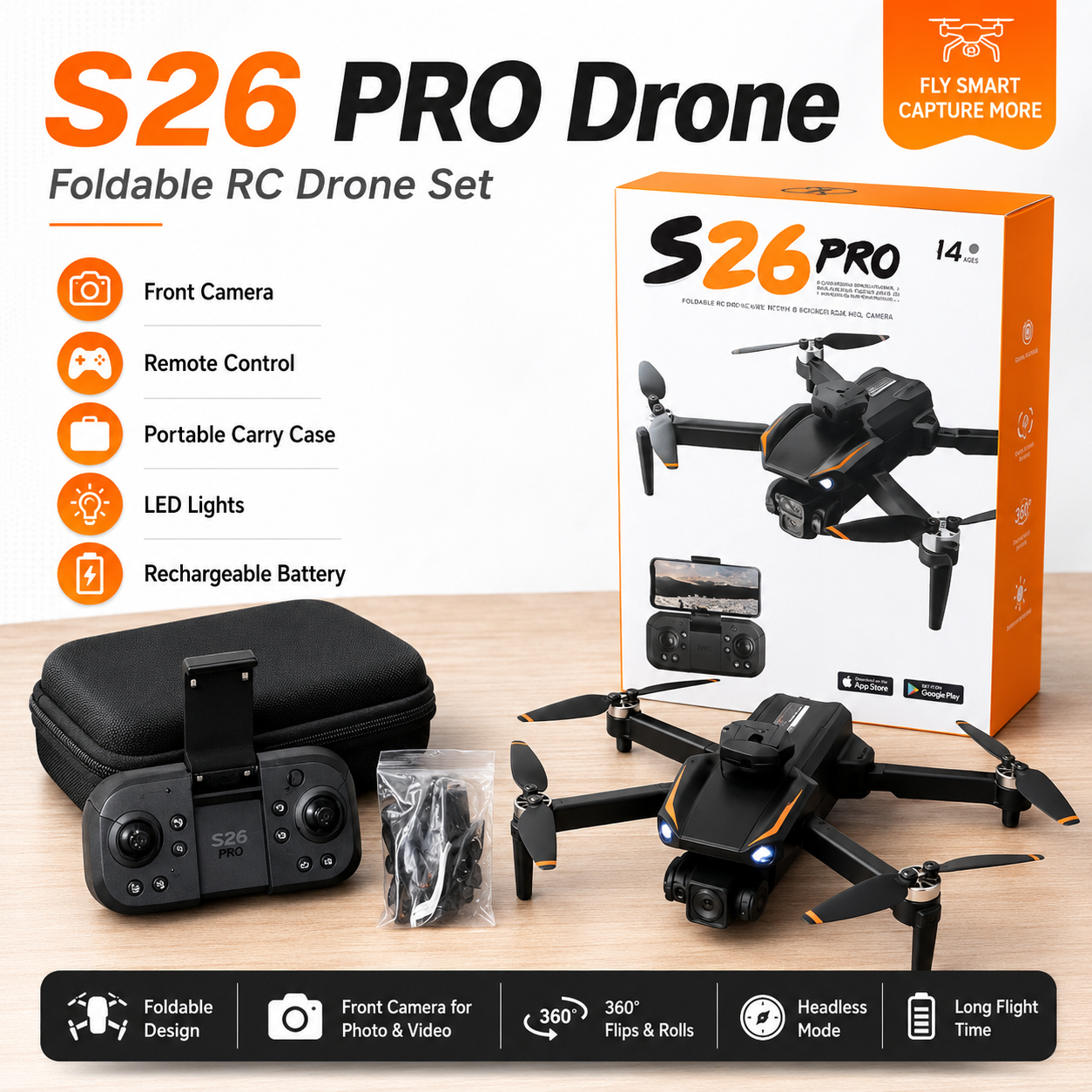S26 PRO Foldable RC Drone with Front Camera, Remote Control & Carry Case | Rechargeable Quadcopter with LED Lights, 360° Flips & Headless Mode | Beginner Drone Toy 14+ - Image 2