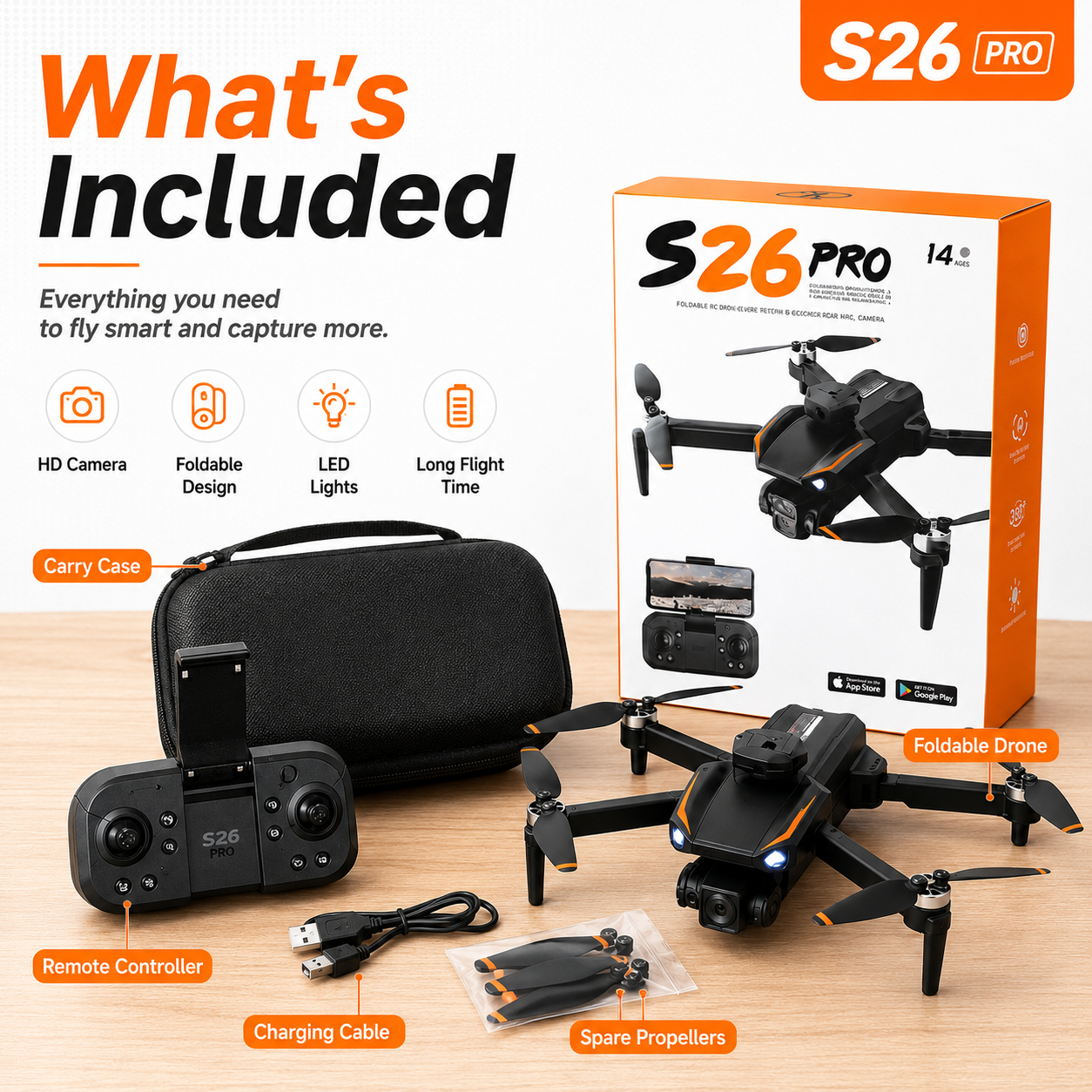 S26 PRO Foldable RC Drone with Front Camera, Remote Control & Carry Case | Rechargeable Quadcopter with LED Lights, 360° Flips & Headless Mode | Beginner Drone Toy 14+ - Image 3