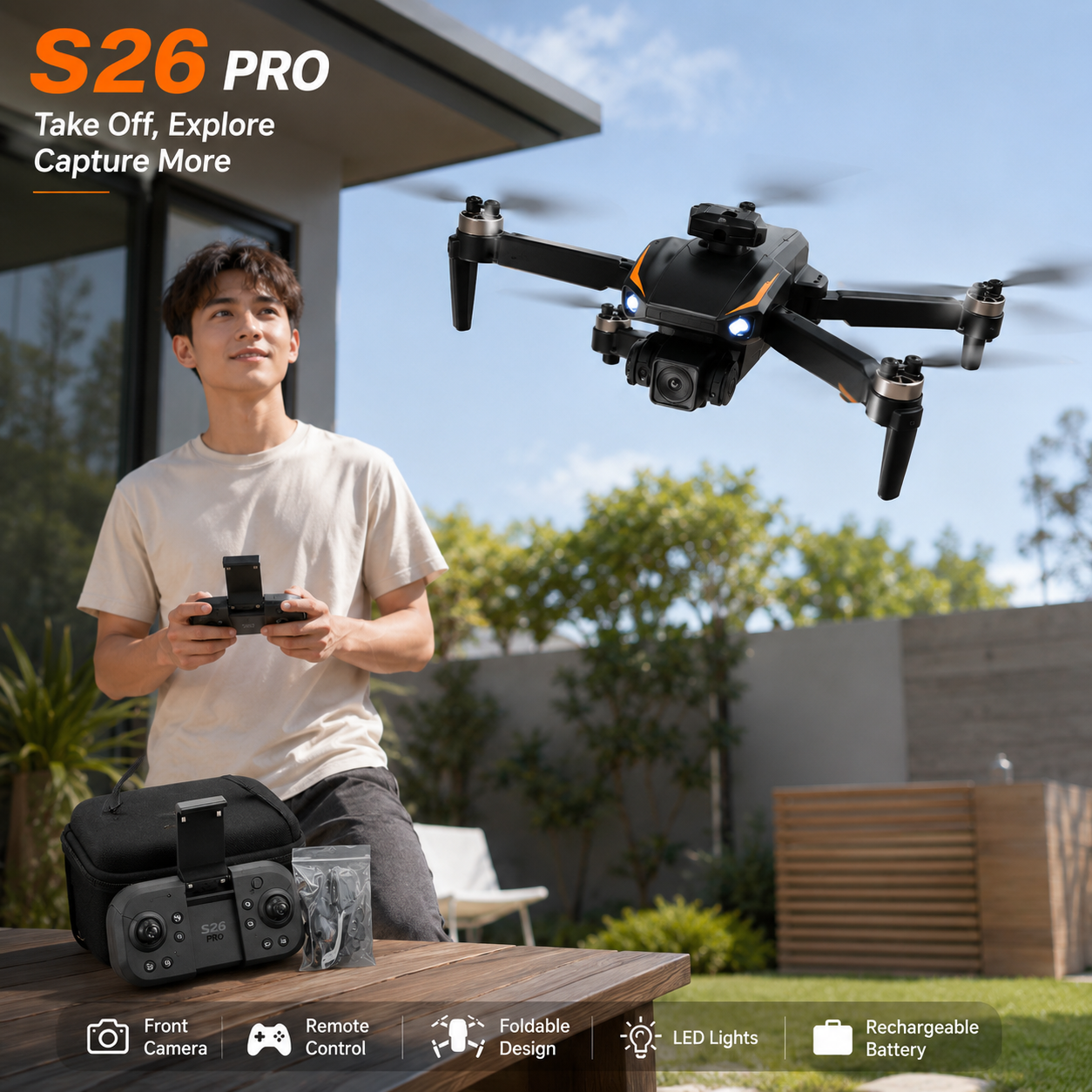 S26 PRO Foldable RC Drone with Front Camera, Remote Control & Carry Case | Rechargeable Quadcopter with LED Lights, 360° Flips & Headless Mode | Beginner Drone Toy 14+ - Image 6