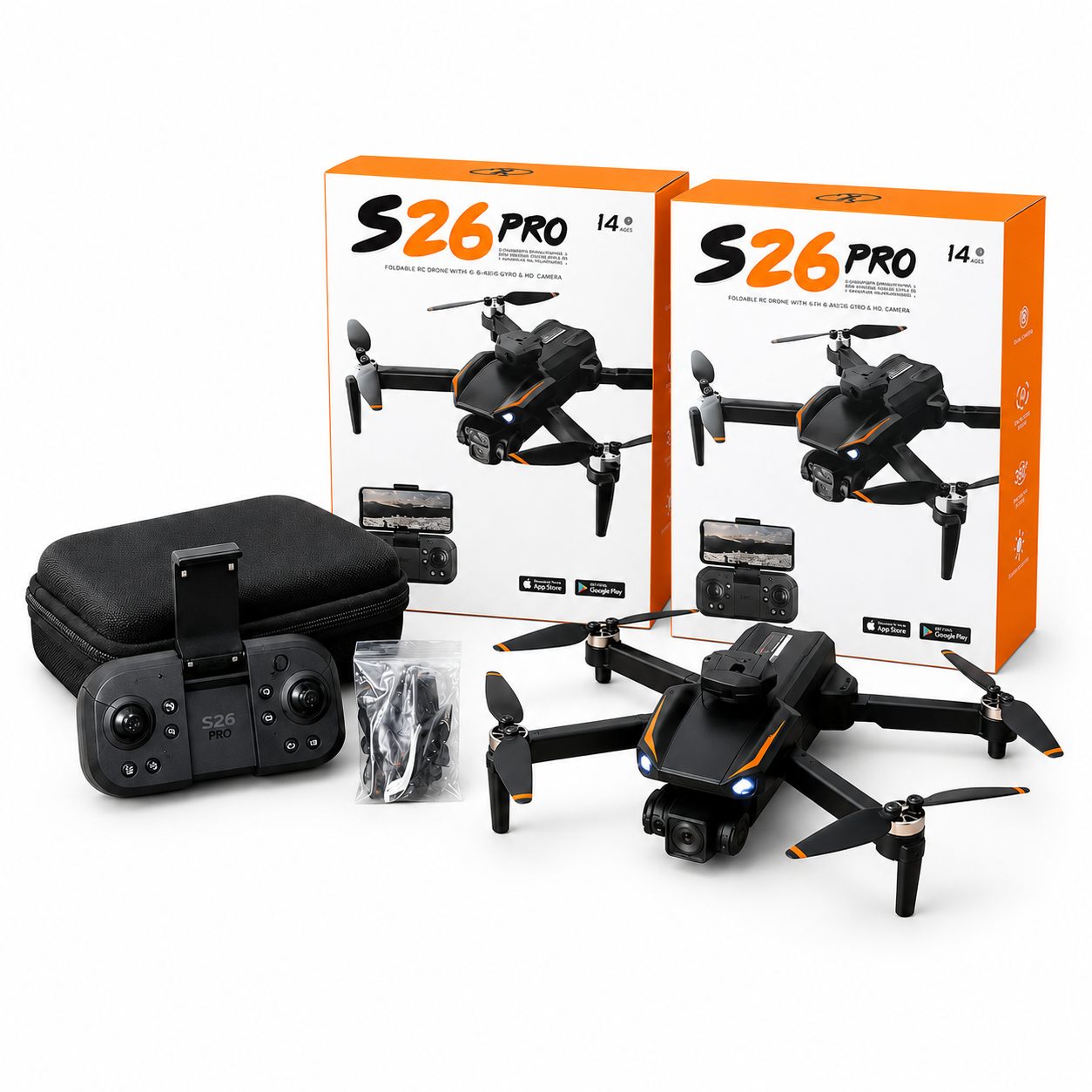 S26 PRO Foldable RC Drone with Front Camera, Remote Control & Carry Case | Rechargeable Quadcopter with LED Lights, 360° Flips & Headless Mode | Beginner Drone Toy 14+