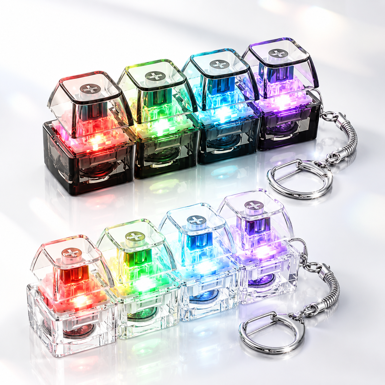 RGB Mechanical Keyboard Switch Keychain – 4 Key LED Light Up Keyboard Button Fidget Toy, Transparent Keycap Keyring Gift