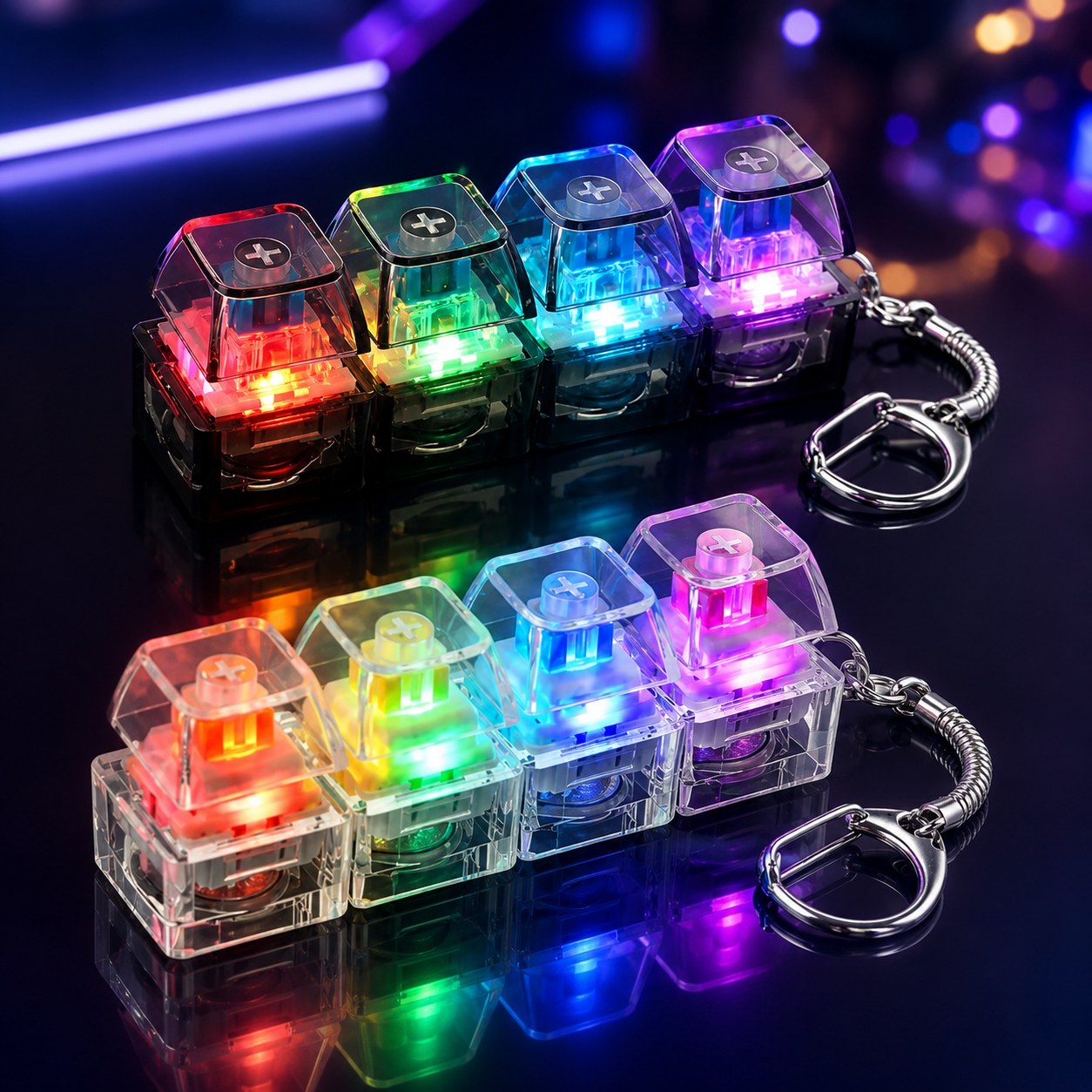 RGB Mechanical Keyboard Switch Keychain – 4 Key LED Light Up Keyboard Button Fidget Toy, Transparent Keycap Keyring Gift - Image 12