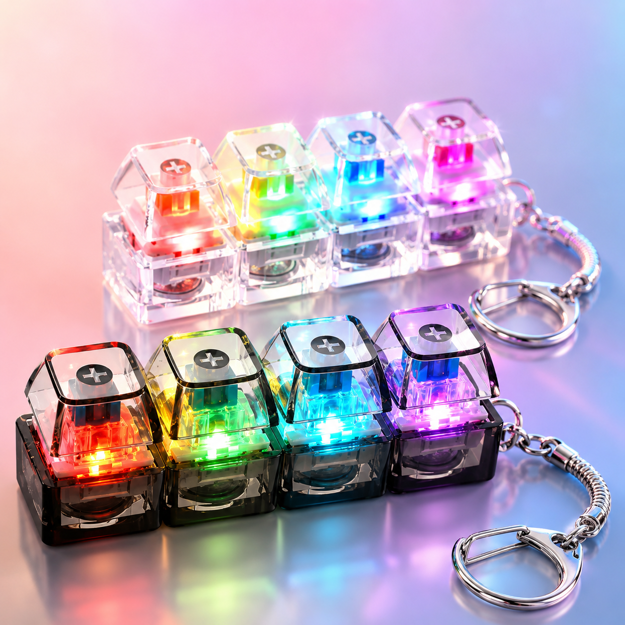 RGB Mechanical Keyboard Switch Keychain – 4 Key LED Light Up Keyboard Button Fidget Toy, Transparent Keycap Keyring Gift - Image 14