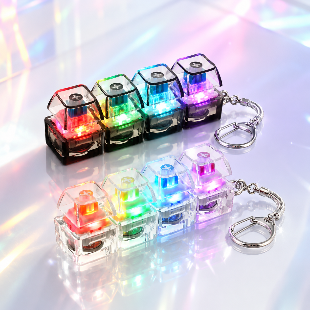 RGB Mechanical Keyboard Switch Keychain – 4 Key LED Light Up Keyboard Button Fidget Toy, Transparent Keycap Keyring Gift - Image 11