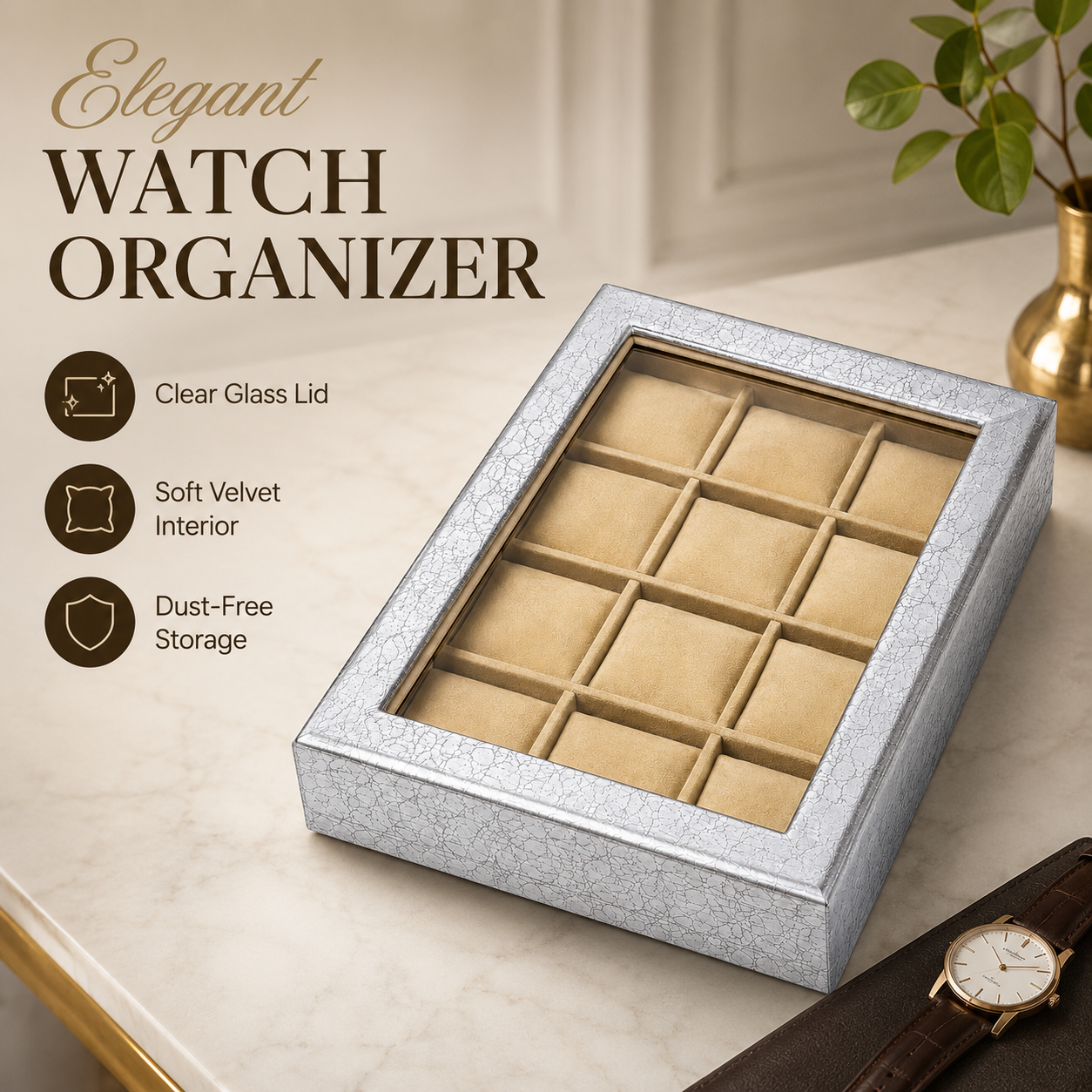 12 Slot Watch Organizer Box with Transparent Display Lid – Premium Watch Storage Case for Men & Women, Jewelry Bracelet Holder, Silver Grey Gift Box - Image 2