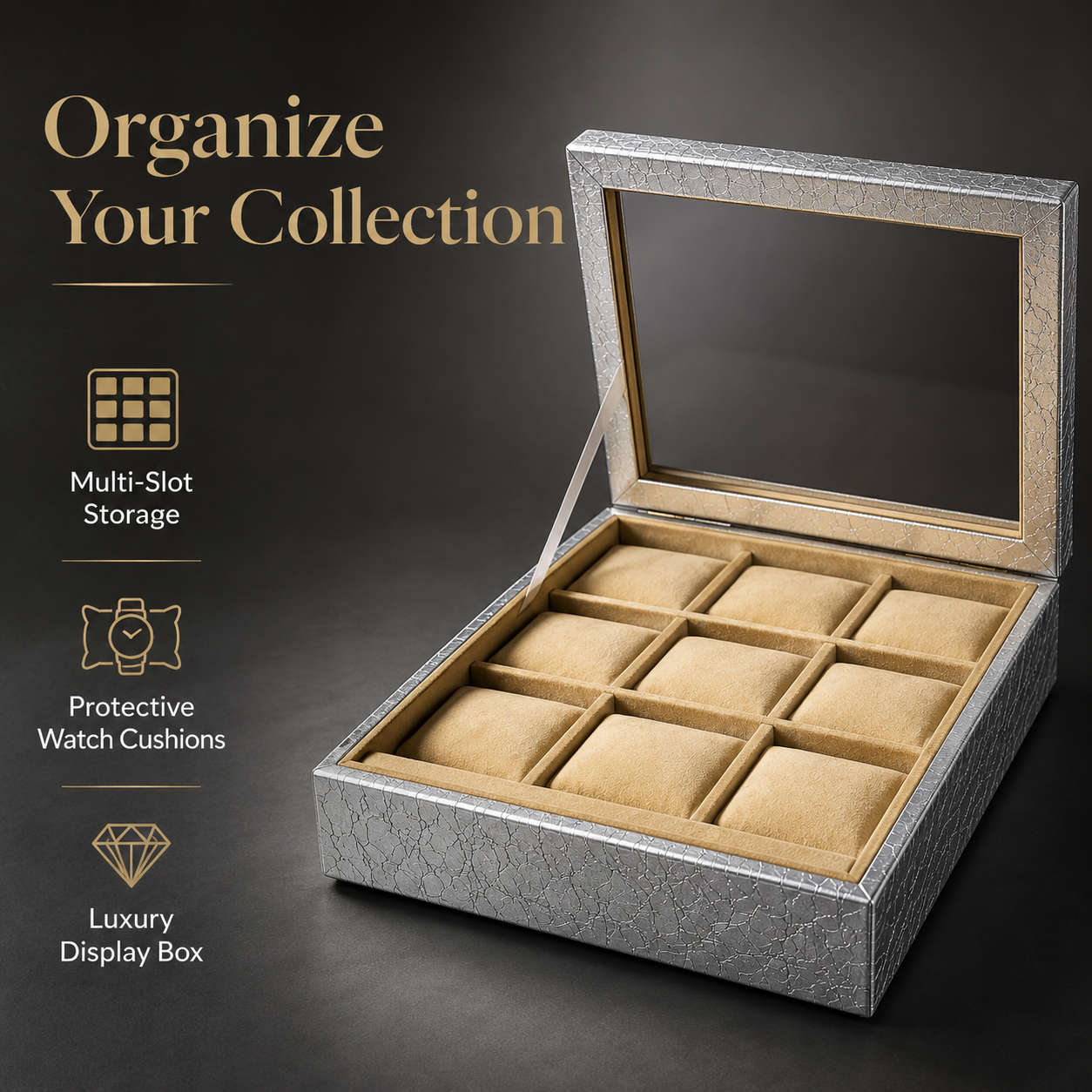 12 Slot Watch Organizer Box with Transparent Display Lid – Premium Watch Storage Case for Men & Women, Jewelry Bracelet Holder, Silver Grey Gift Box - Image 4