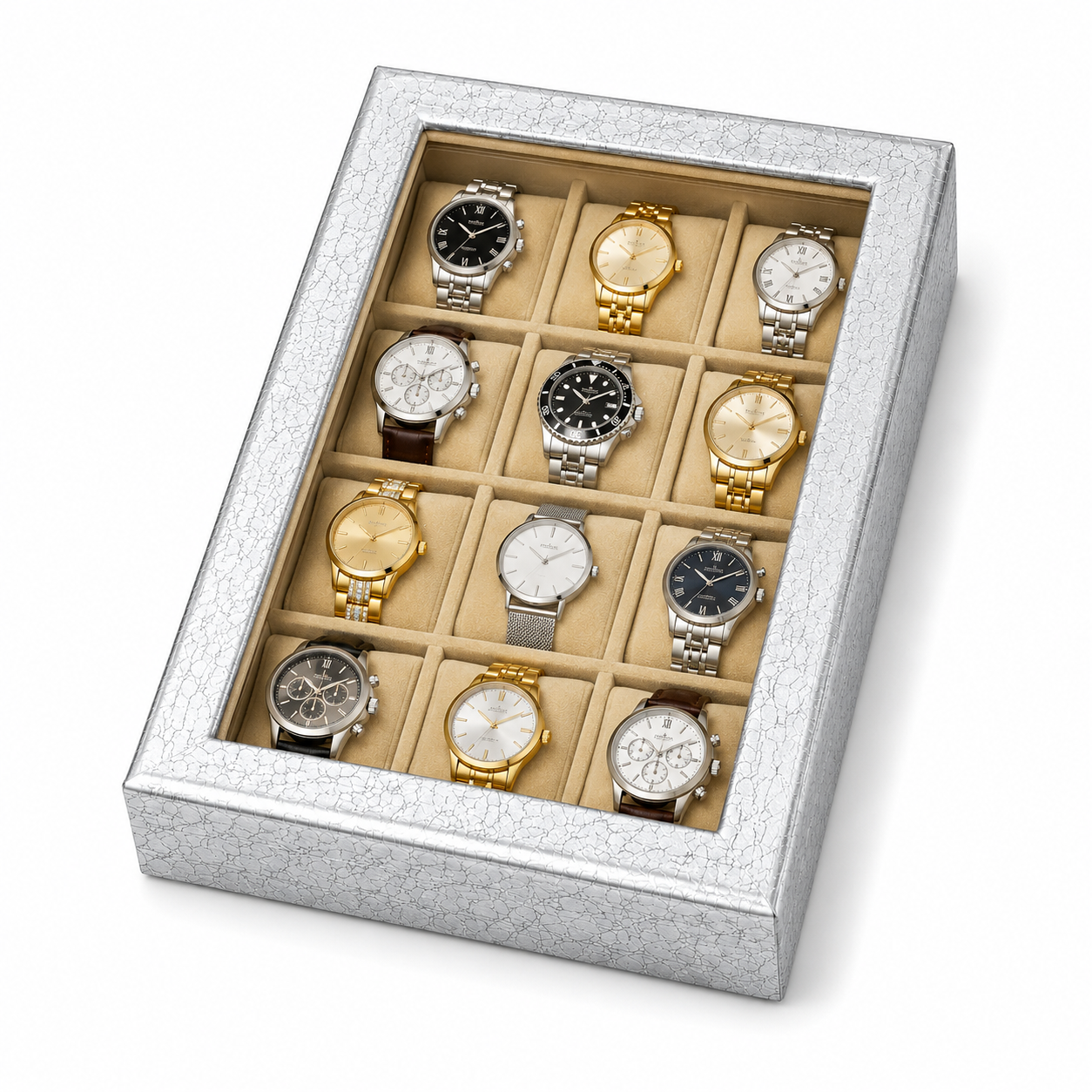 12 Slot Watch Organizer Box with Transparent Display Lid – Premium Watch Storage Case for Men & Women, Jewelry Bracelet Holder, Silver Grey Gift Box