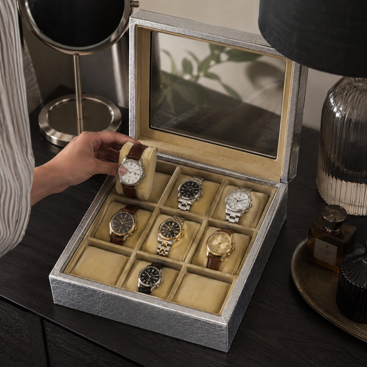 12 Slot Watch Organizer Box with Transparent Display Lid – Premium Watch Storage Case for Men & Women, Jewelry Bracelet Holder, Silver Grey Gift Box - Image 3