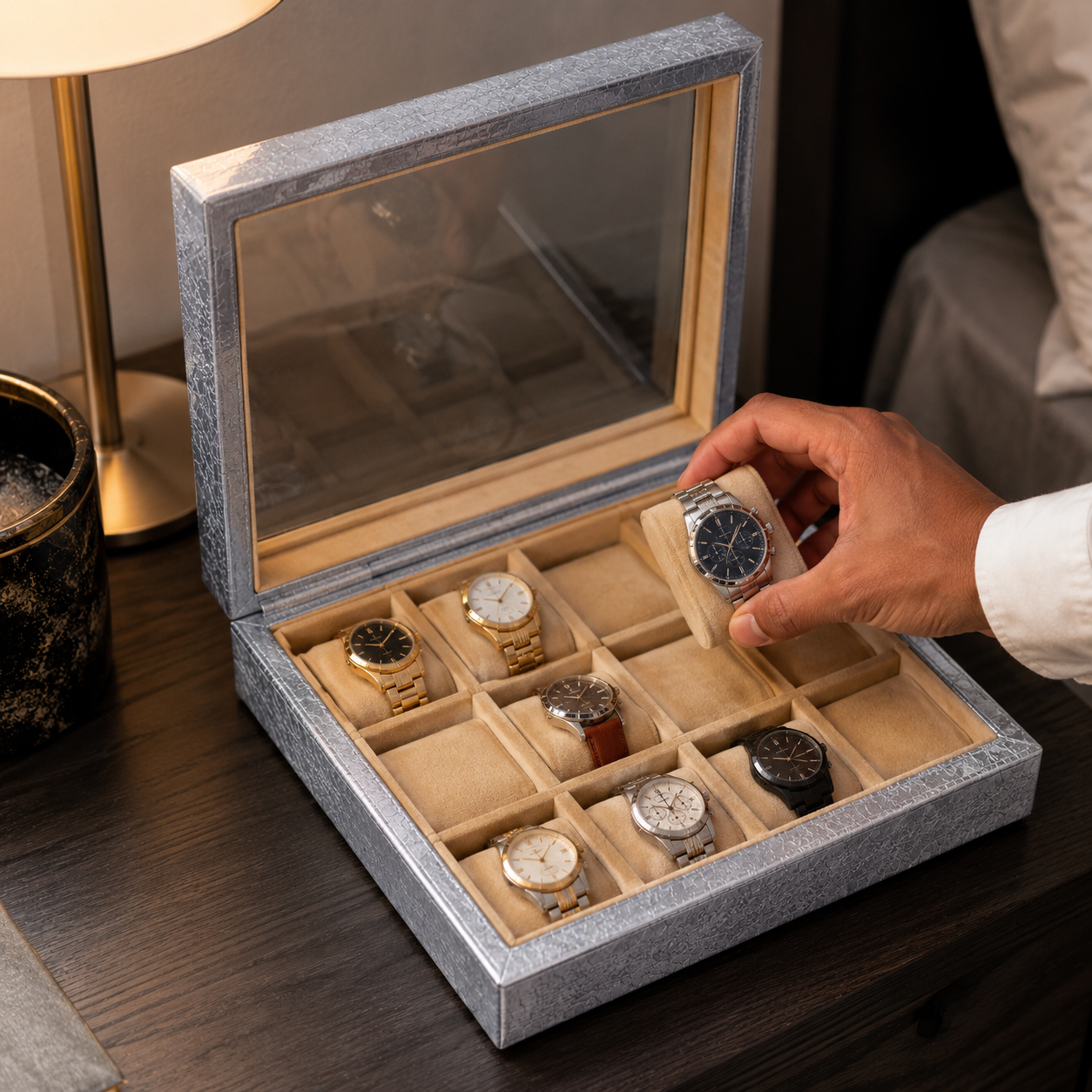 12 Slot Watch Organizer Box with Transparent Display Lid – Premium Watch Storage Case for Men & Women, Jewelry Bracelet Holder, Silver Grey Gift Box - Image 5