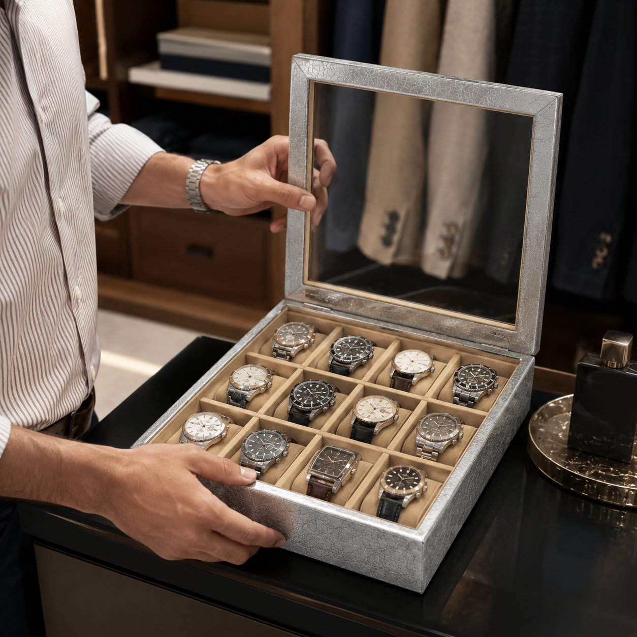 12 Slot Watch Organizer Box with Transparent Display Lid – Premium Watch Storage Case for Men & Women, Jewelry Bracelet Holder, Silver Grey Gift Box - Image 6