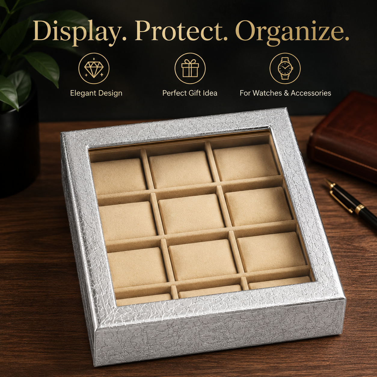 12 Slot Watch Organizer Box with Transparent Display Lid – Premium Watch Storage Case for Men & Women, Jewelry Bracelet Holder, Silver Grey Gift Box - Image 7