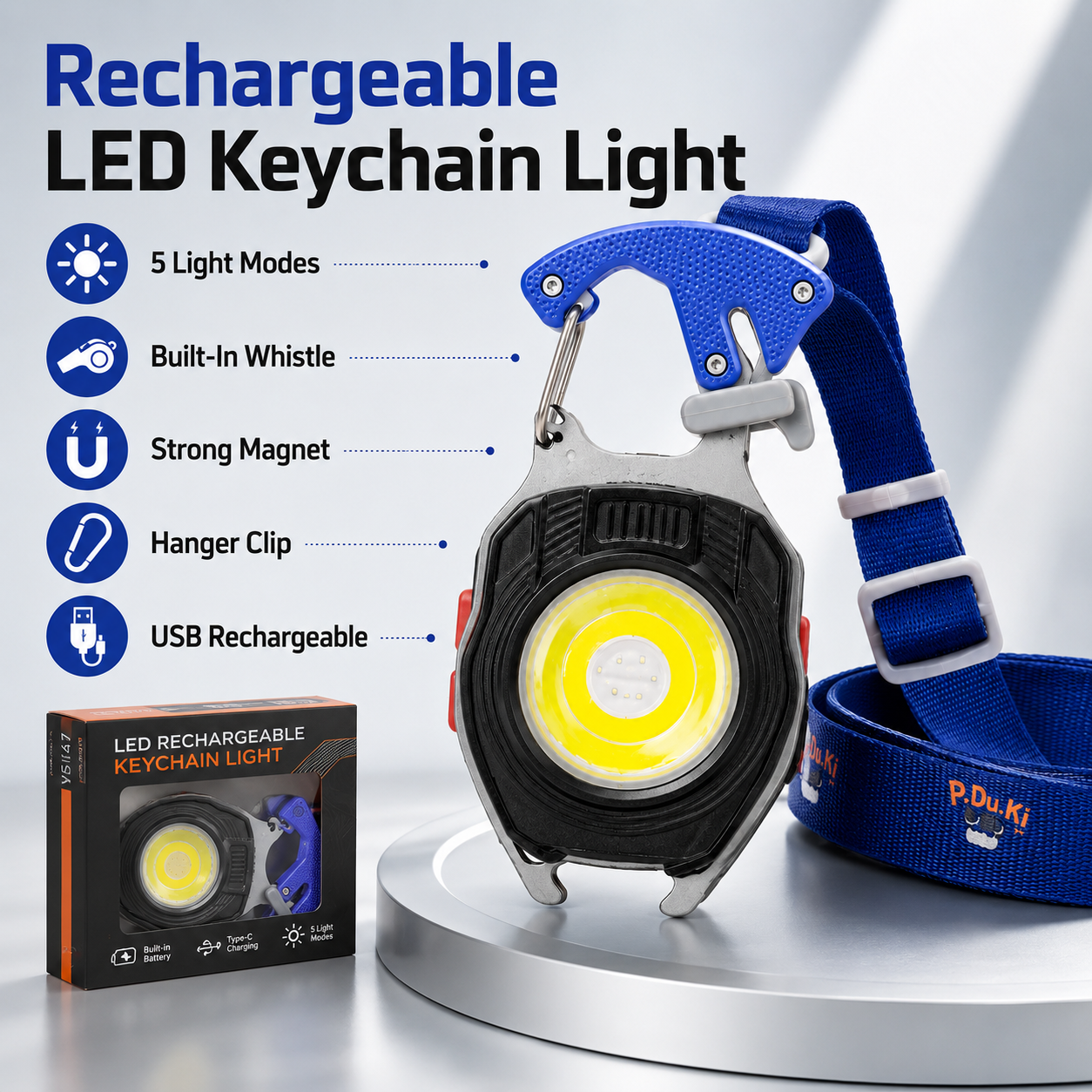 9 in 1 LED Rechargeable Keychain Light W5147 – Portable COB Torch with Whistle, Magnet, Lighter, Bottle Opener, Cutter, Screwdriver Set & Hanger – 5 Light Modes for Camping & Emergency Use - Image 4