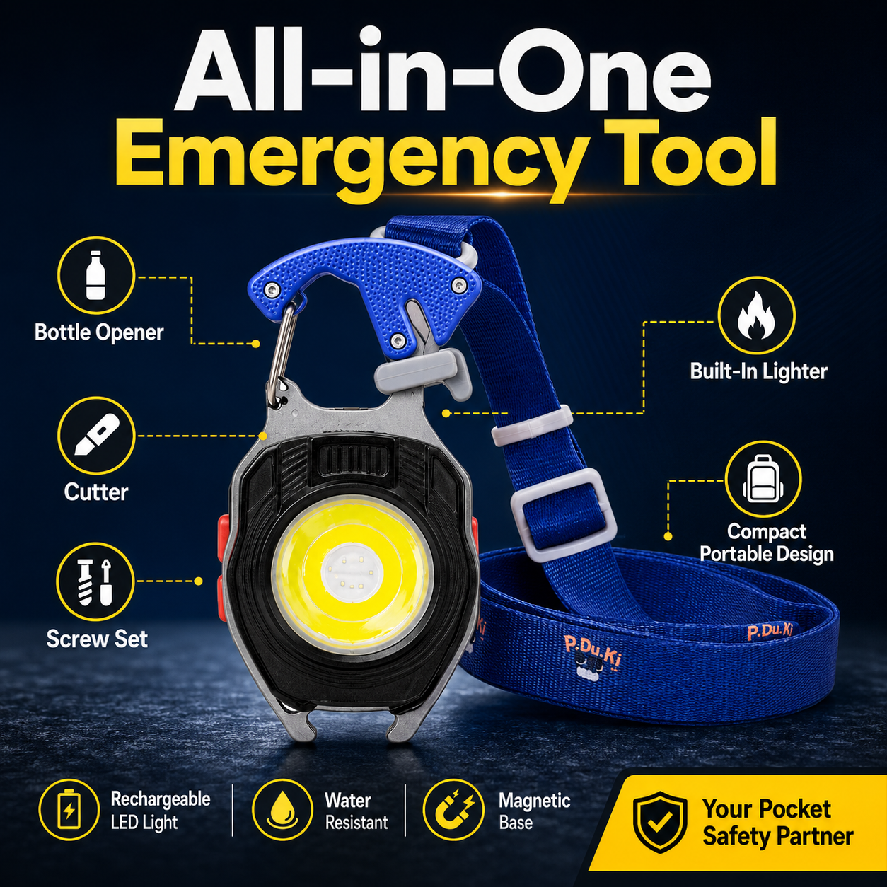 9 in 1 LED Rechargeable Keychain Light W5147 – Portable COB Torch with Whistle, Magnet, Lighter, Bottle Opener, Cutter, Screwdriver Set & Hanger – 5 Light Modes for Camping & Emergency Use - Image 9