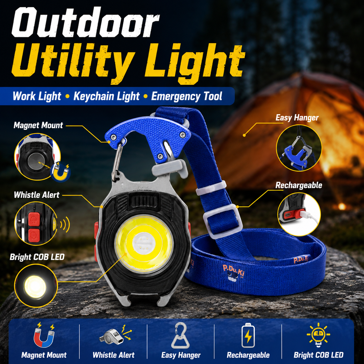9 in 1 LED Rechargeable Keychain Light W5147 – Portable COB Torch with Whistle, Magnet, Lighter, Bottle Opener, Cutter, Screwdriver Set & Hanger – 5 Light Modes for Camping & Emergency Use - Image 8