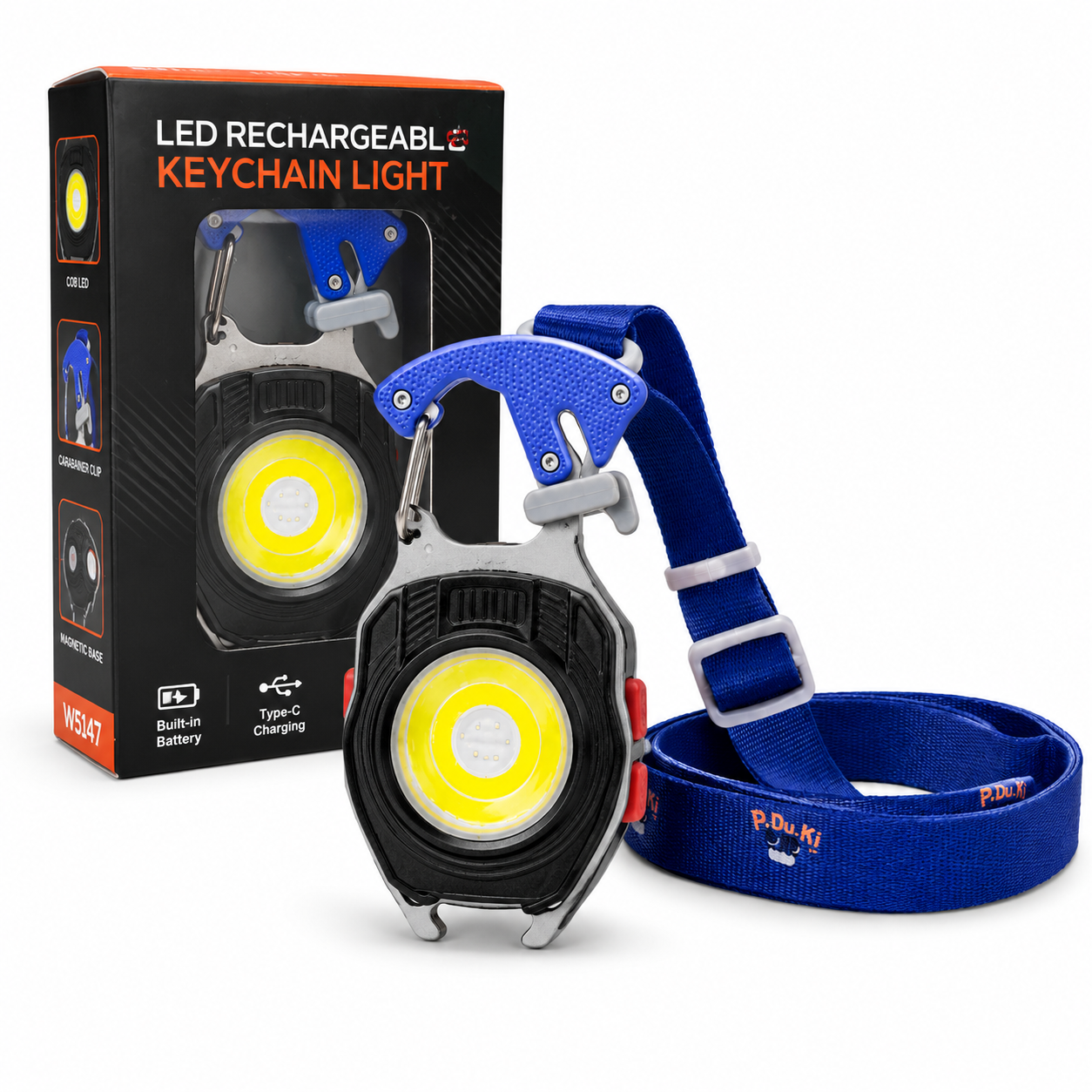 9 in 1 LED Rechargeable Keychain Light W5147 – Portable COB Torch with Whistle, Magnet, Lighter, Bottle Opener, Cutter, Screwdriver Set & Hanger – 5 Light Modes for Camping & Emergency Use