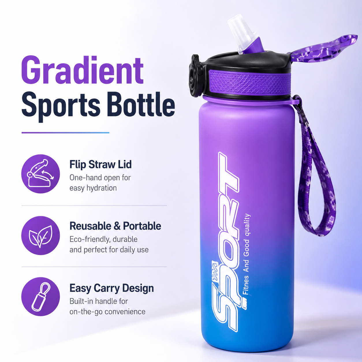 Sports Water Bottle with Straw – Gradient Purple Blue Plastic Drinking Bottle – Flip Lid Gym Bottle for School, Office, Travel & Outdoor Use - Image 3