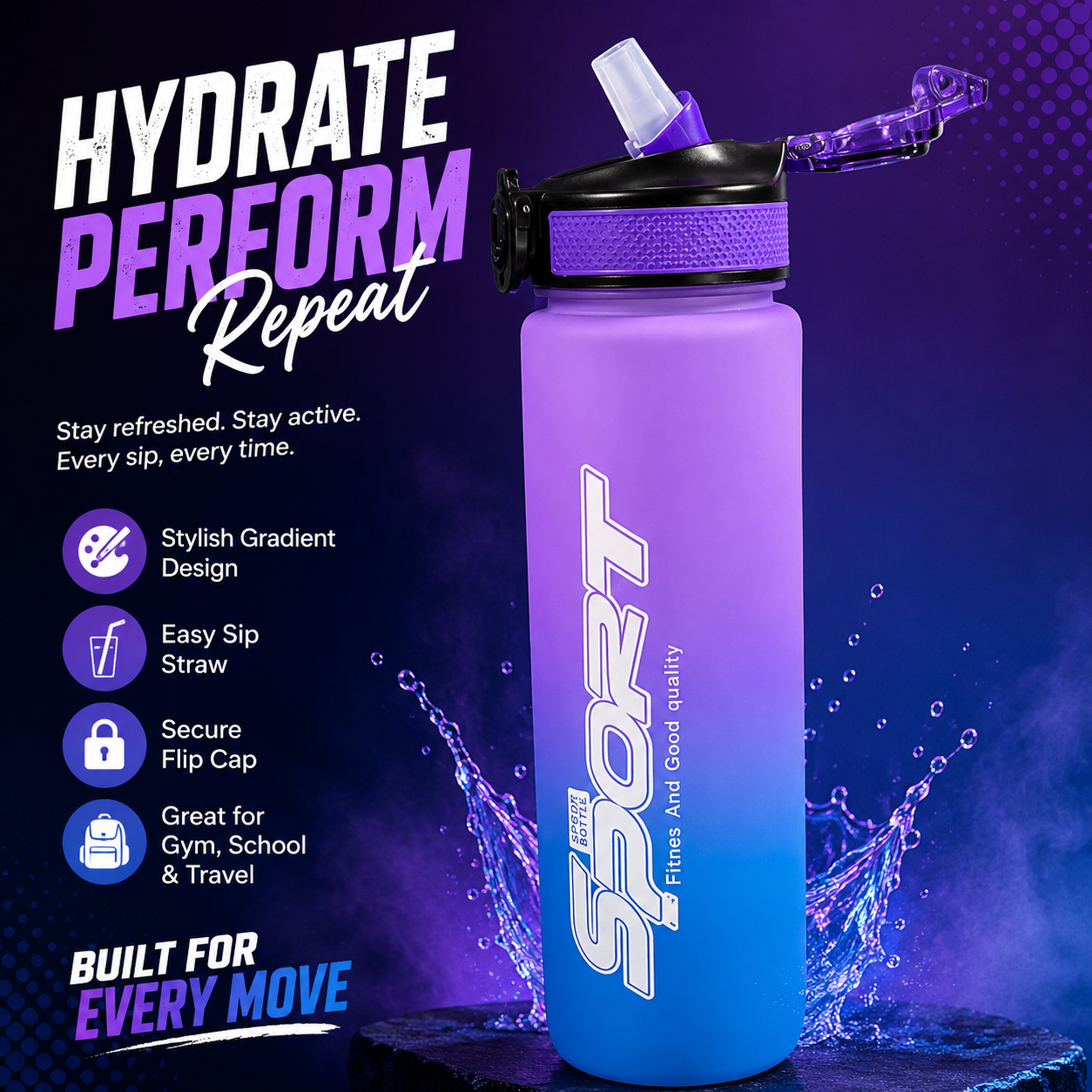 Sports Water Bottle with Straw – Gradient Purple Blue Plastic Drinking Bottle – Flip Lid Gym Bottle for School, Office, Travel & Outdoor Use - Image 4