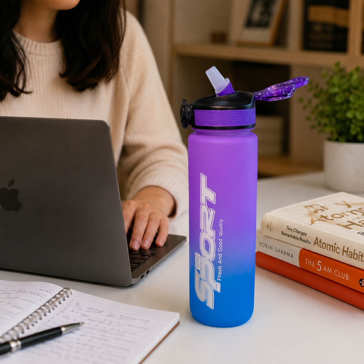 Sports Water Bottle with Straw – Gradient Purple Blue Plastic Drinking Bottle – Flip Lid Gym Bottle for School, Office, Travel & Outdoor Use - Image 5