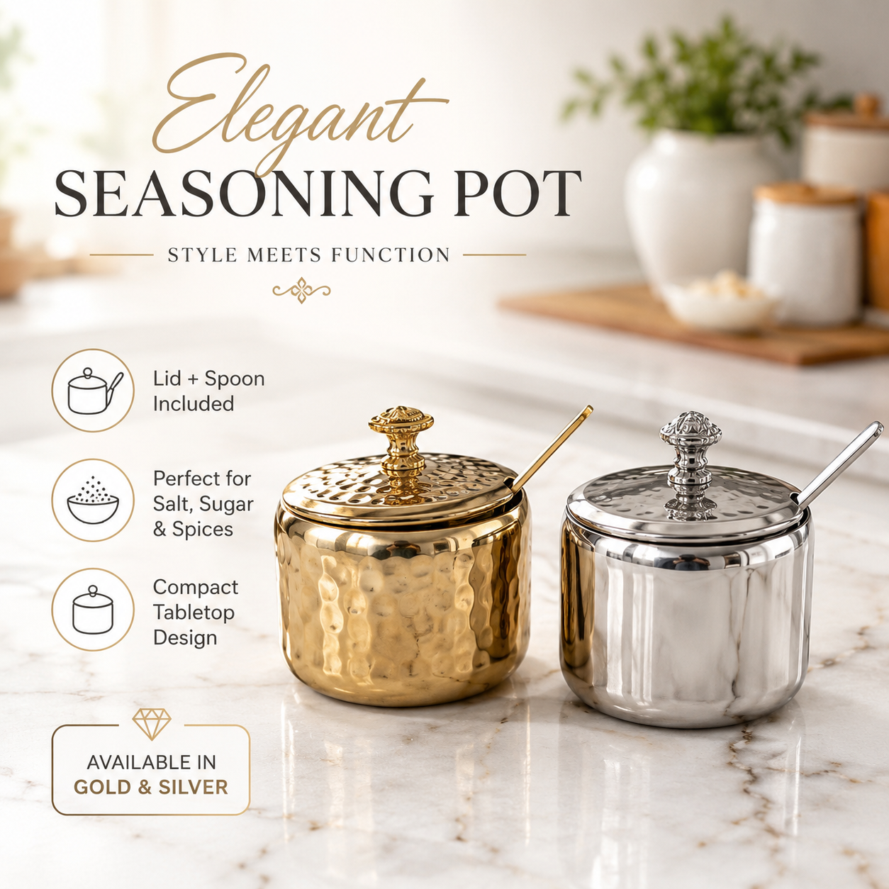 Stainless Steel Seasoning Pot with Lid & Spoon – Kitchen Spice Jar, Sugar Bowl, Salt Container, Masala Jar & Condiment Storage Pot – Gold/Silver - Image 6