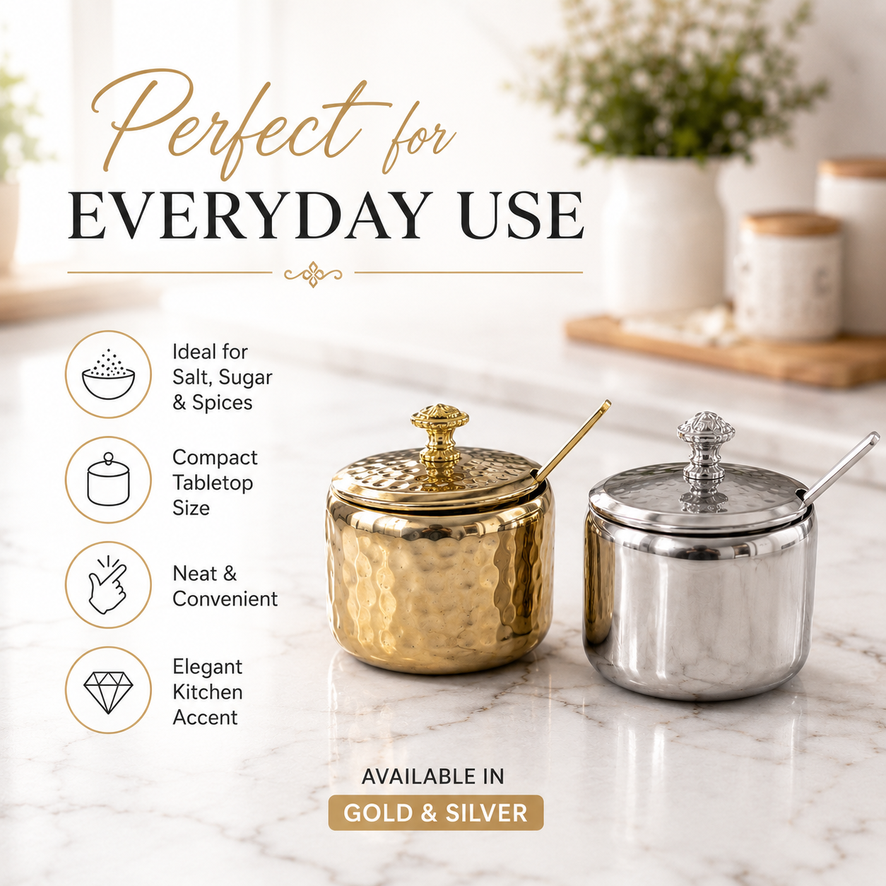 Stainless Steel Seasoning Pot with Lid & Spoon – Kitchen Spice Jar, Sugar Bowl, Salt Container, Masala Jar & Condiment Storage Pot – Gold/Silver - Image 4