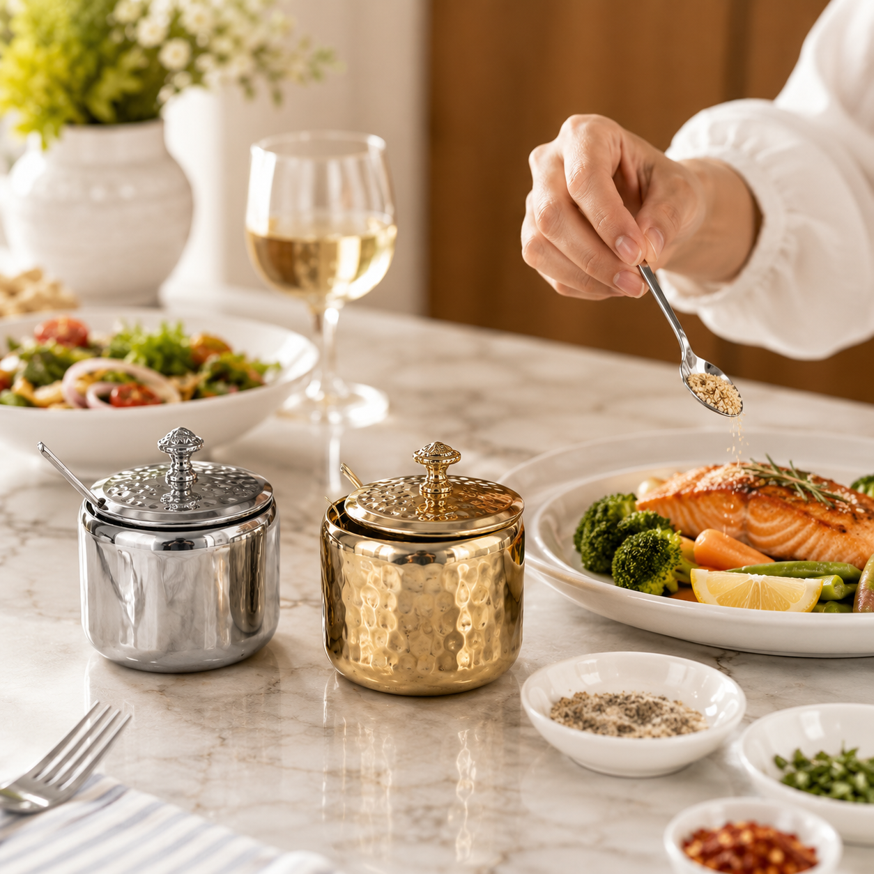 Stainless Steel Seasoning Pot with Lid & Spoon – Kitchen Spice Jar, Sugar Bowl, Salt Container, Masala Jar & Condiment Storage Pot – Gold/Silver - Image 5